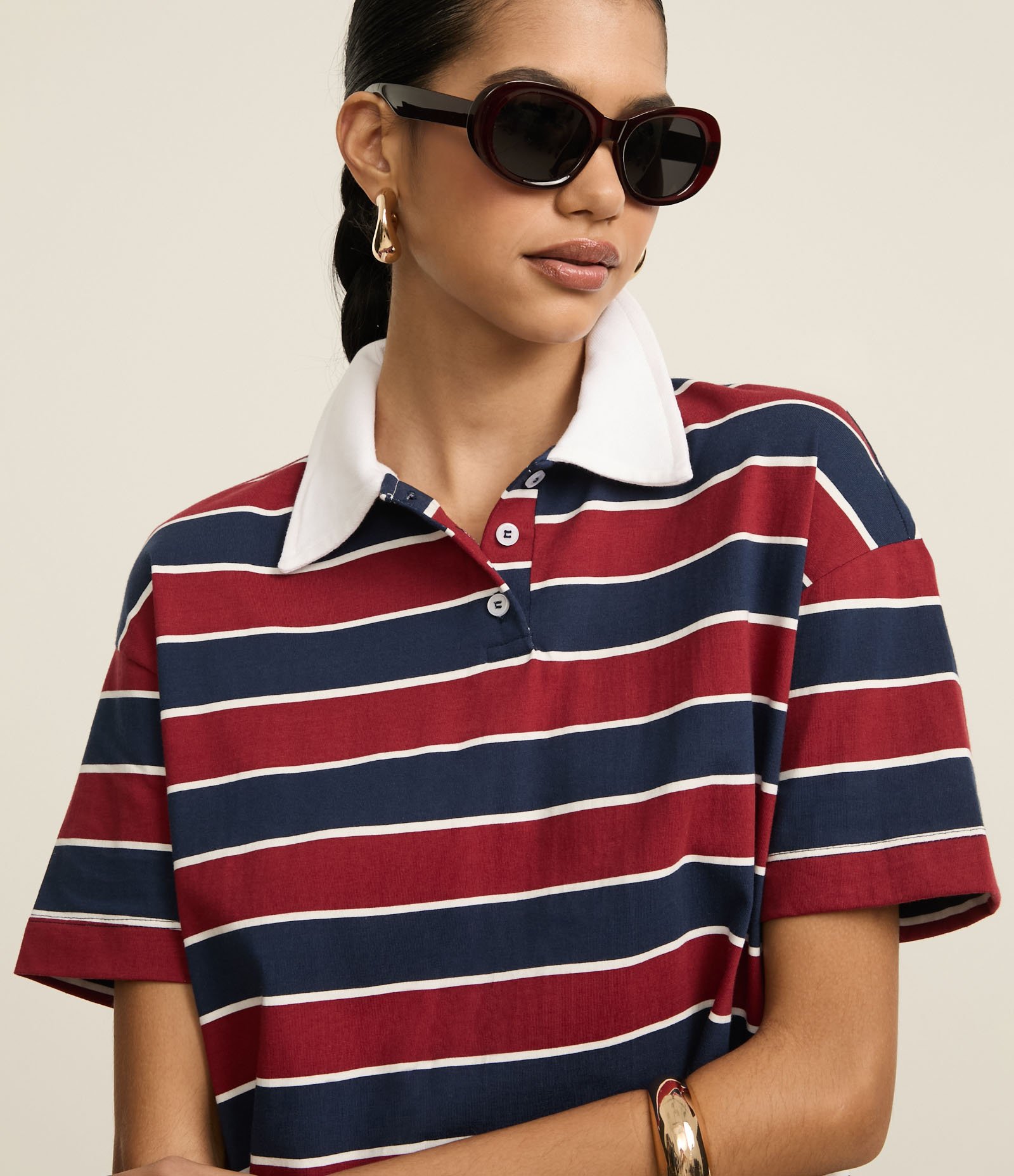Blusa Polo em Algodão com Listras Horizontais Vermelho/Azul 4