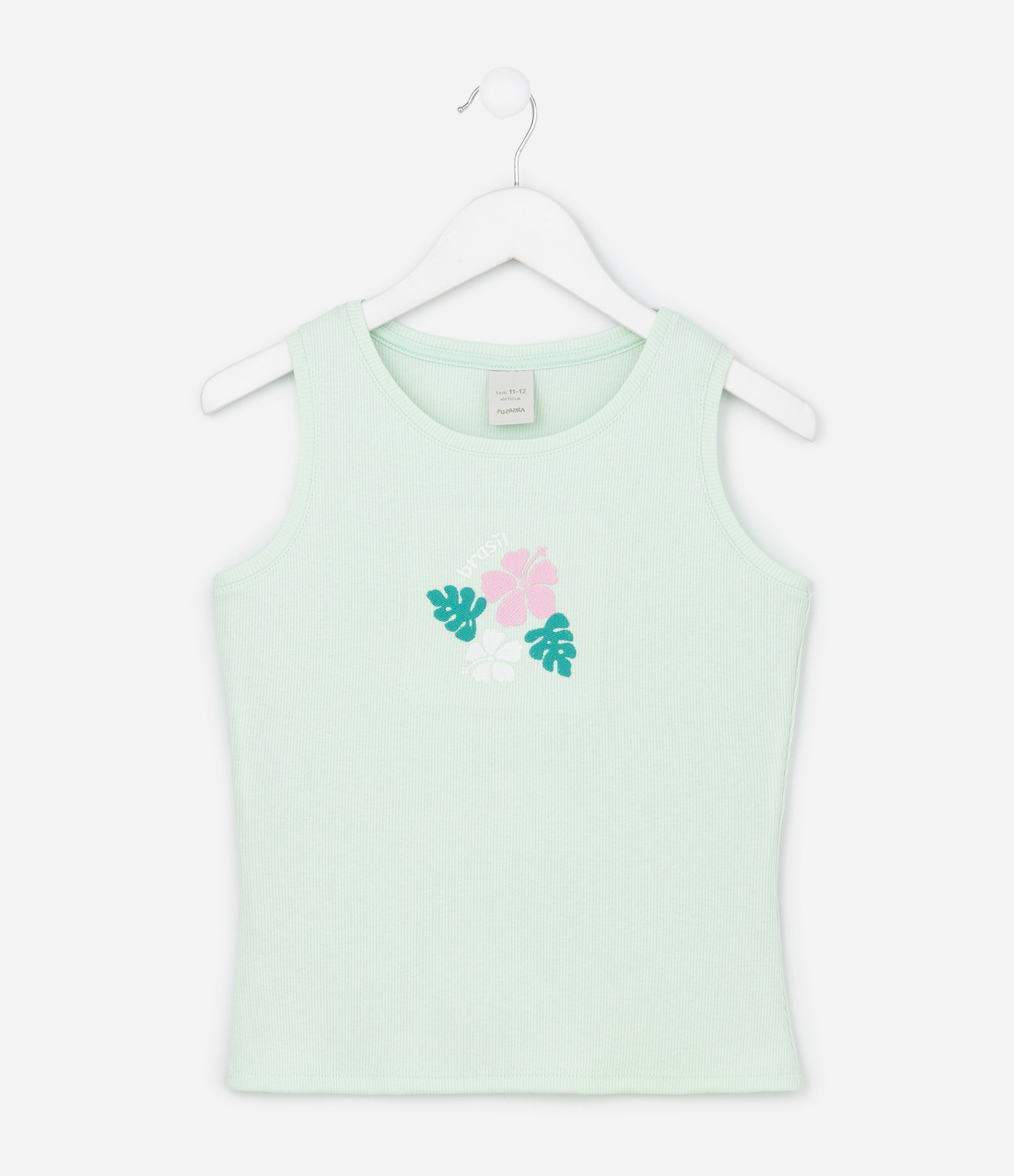 Regata Infantil em Ribana com Bordado Floral - Tam 5 a 14 Anos Verde 1