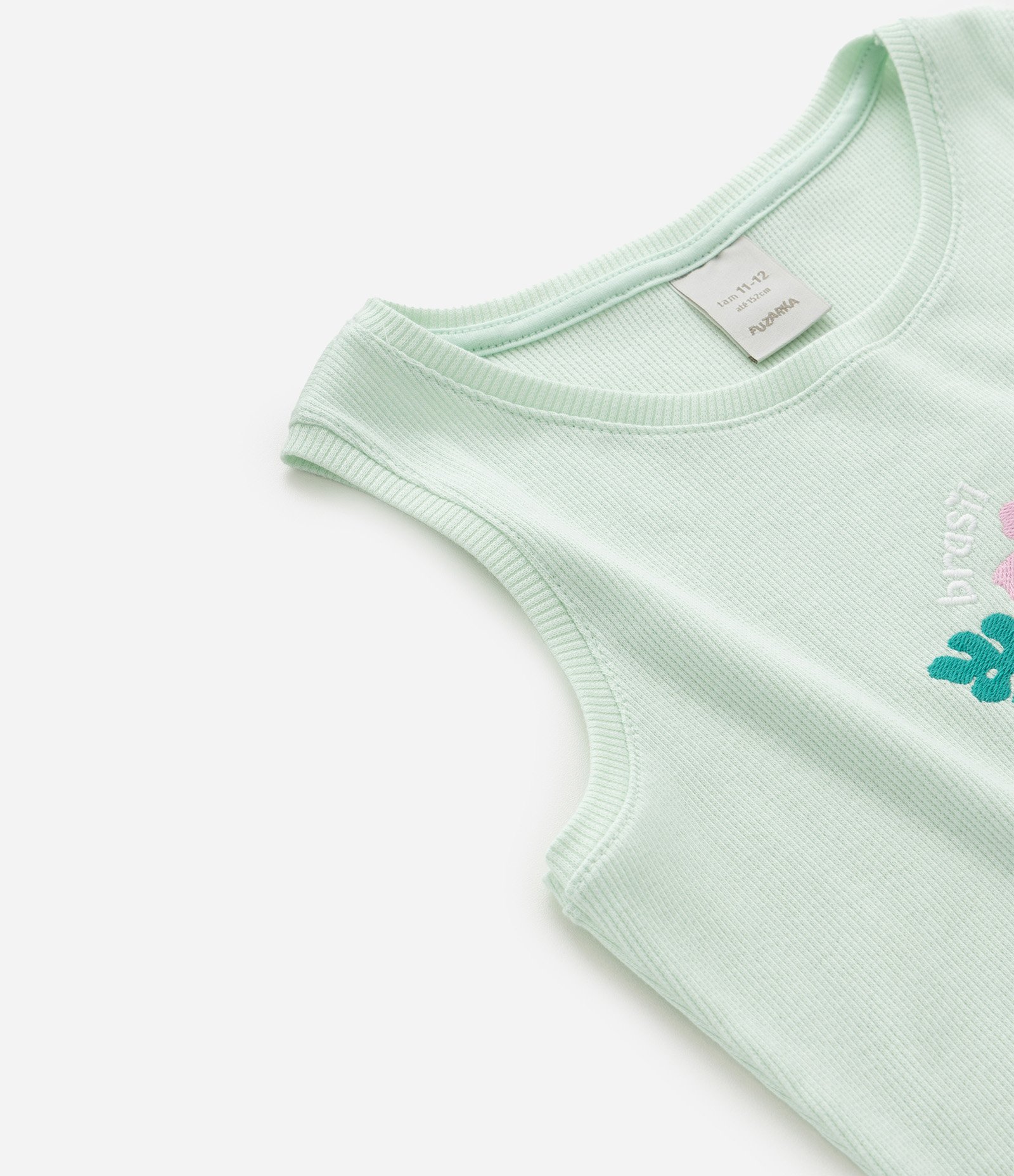 Regata Infantil em Ribana com Bordado Floral - Tam 5 a 14 Anos Verde 4