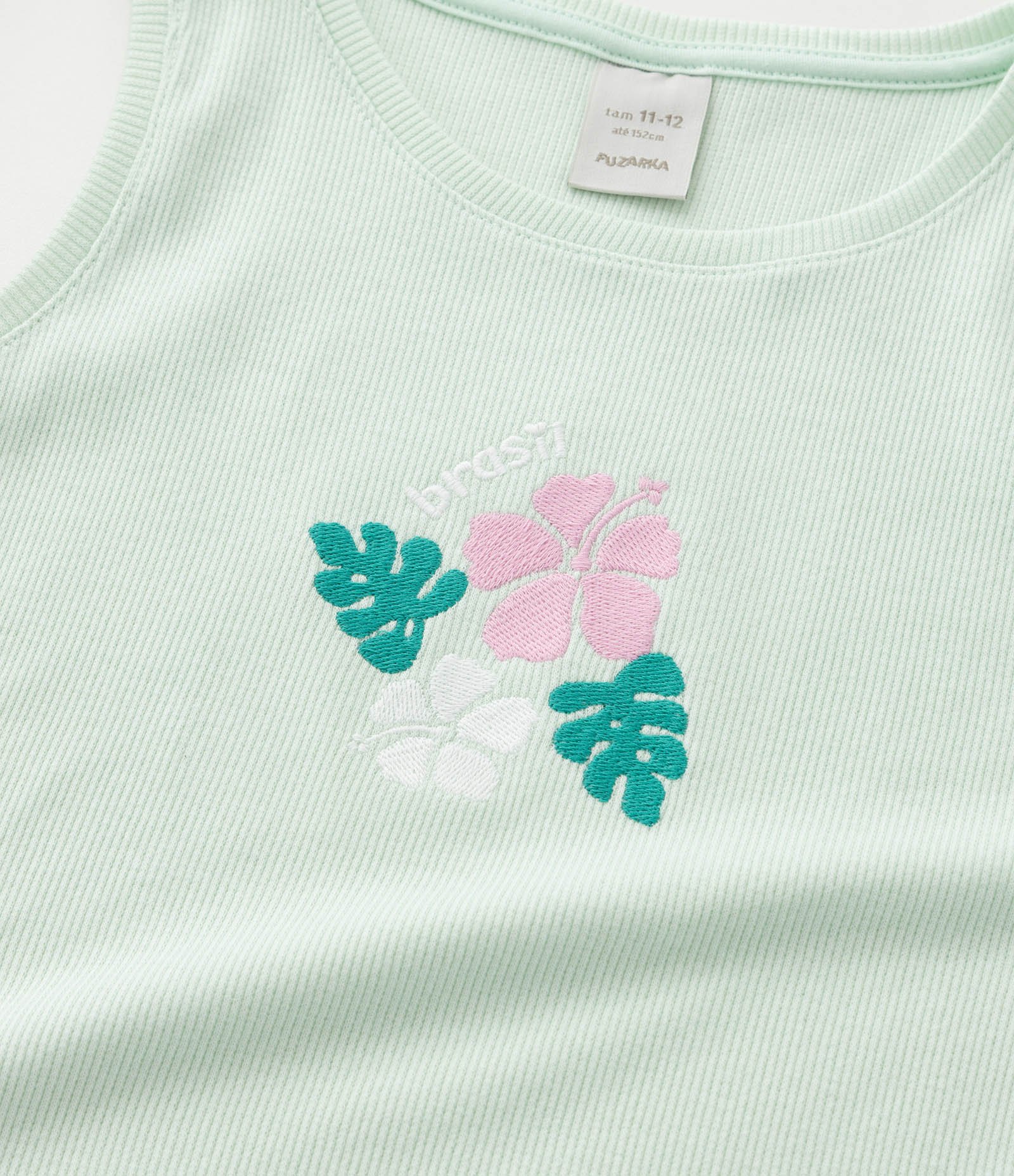 Regata Infantil em Ribana com Bordado Floral - Tam 5 a 14 Anos Verde 5