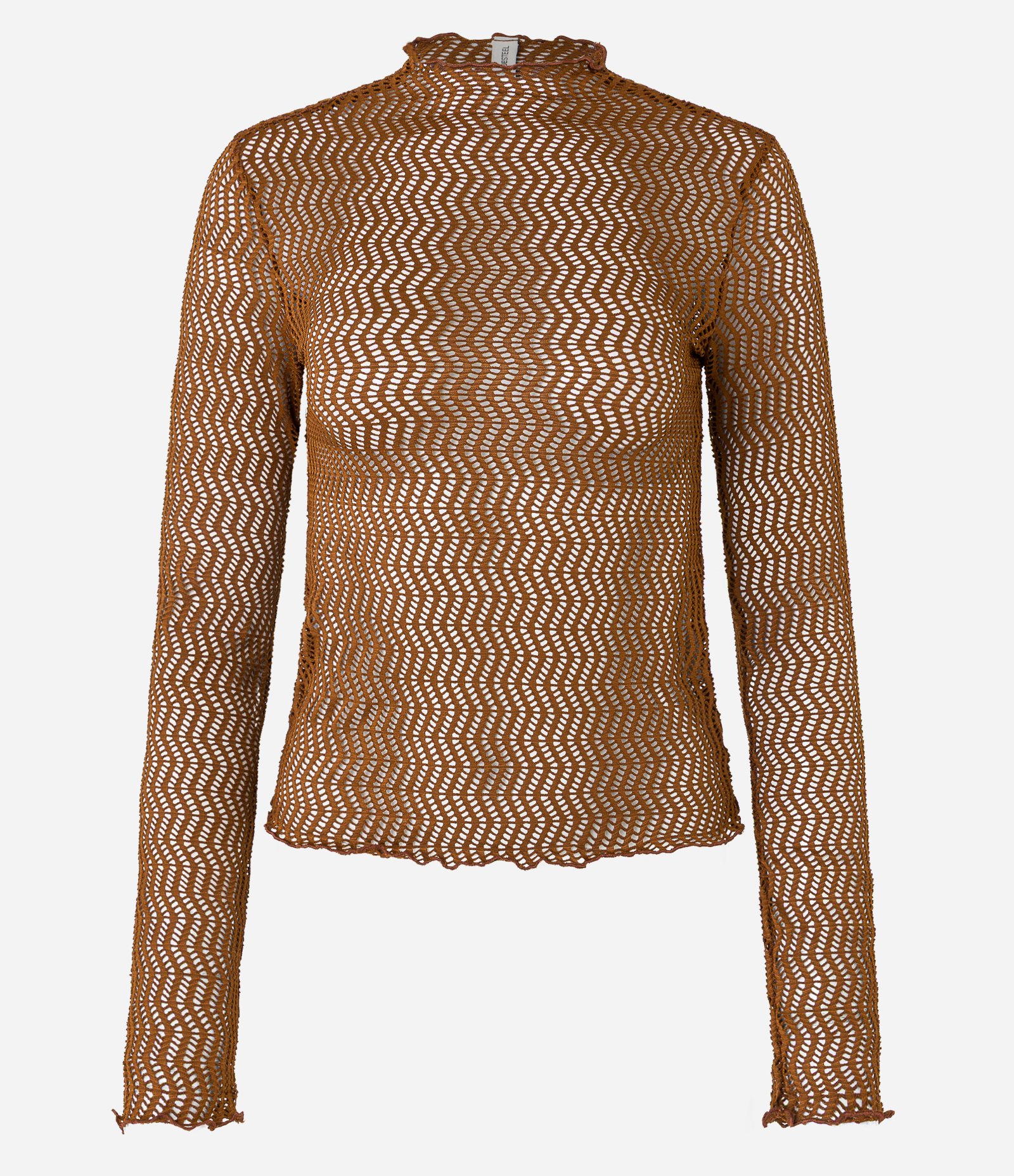 Blusa em Renda Furadinha com Gola Alta Frufru Marrom 1