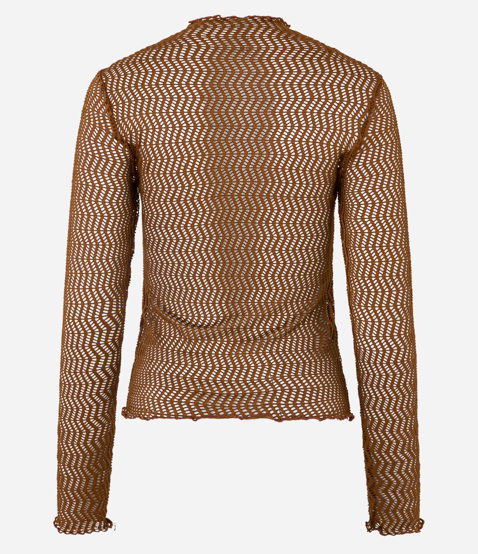 Blusa em Renda Furadinha com Gola Alta Frufru Marrom 3