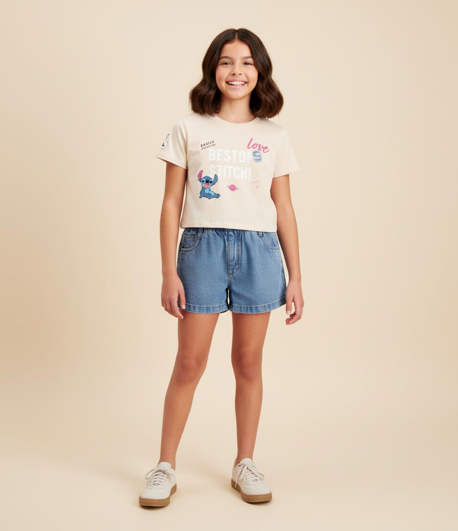 Camiseta Curta Infantil com Estampa do Stitch Frente e Costas - Tam 5 a 14 Anos Bege 1