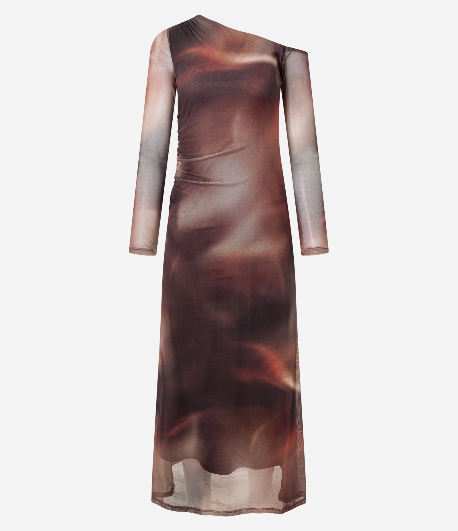 Vestido Longo em Tule com Estampa de Manchas e Ombro assimétrico Marrom 4