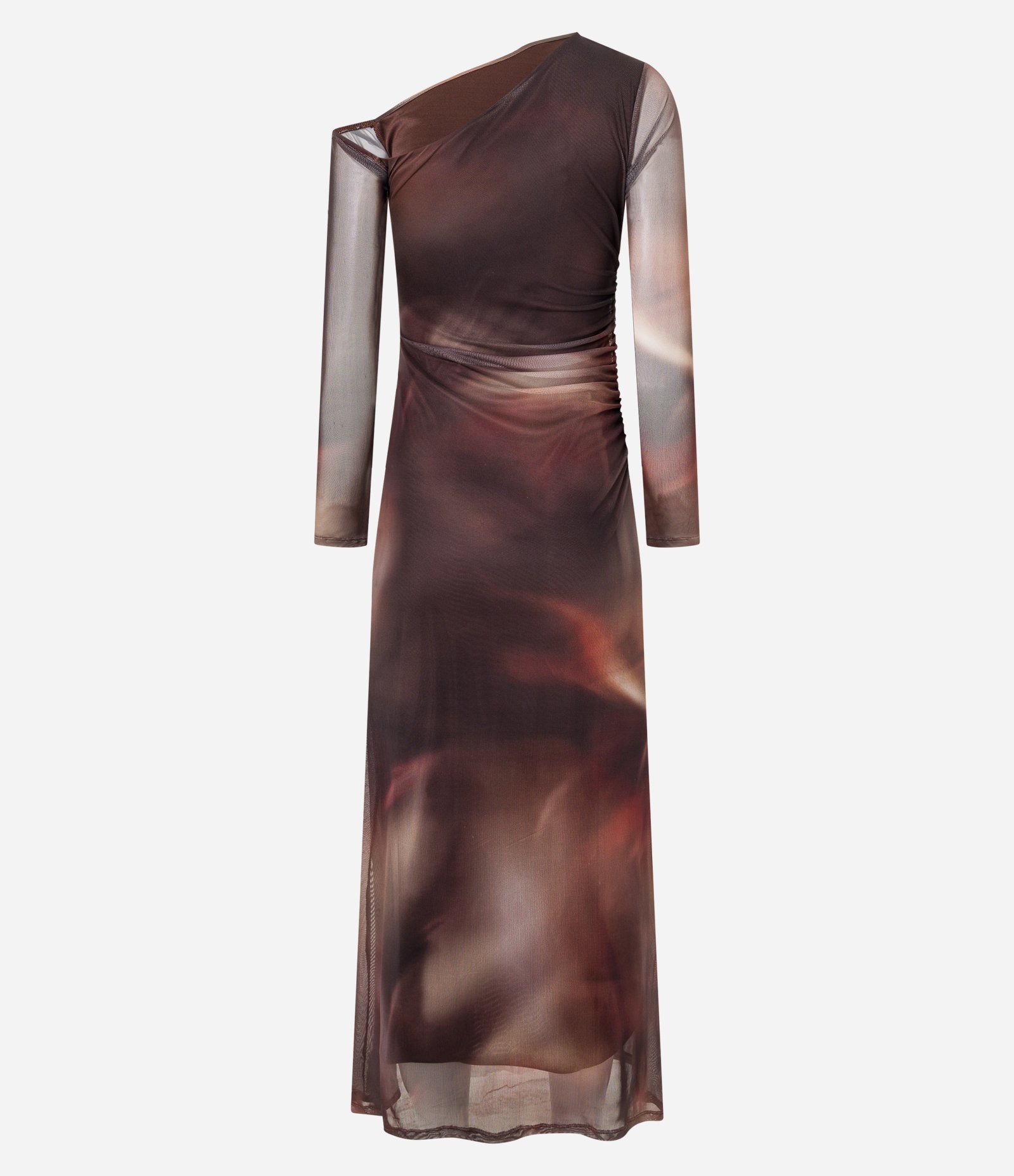 Vestido Longo em Tule com Estampa de Manchas e Ombro assimétrico Marrom 5