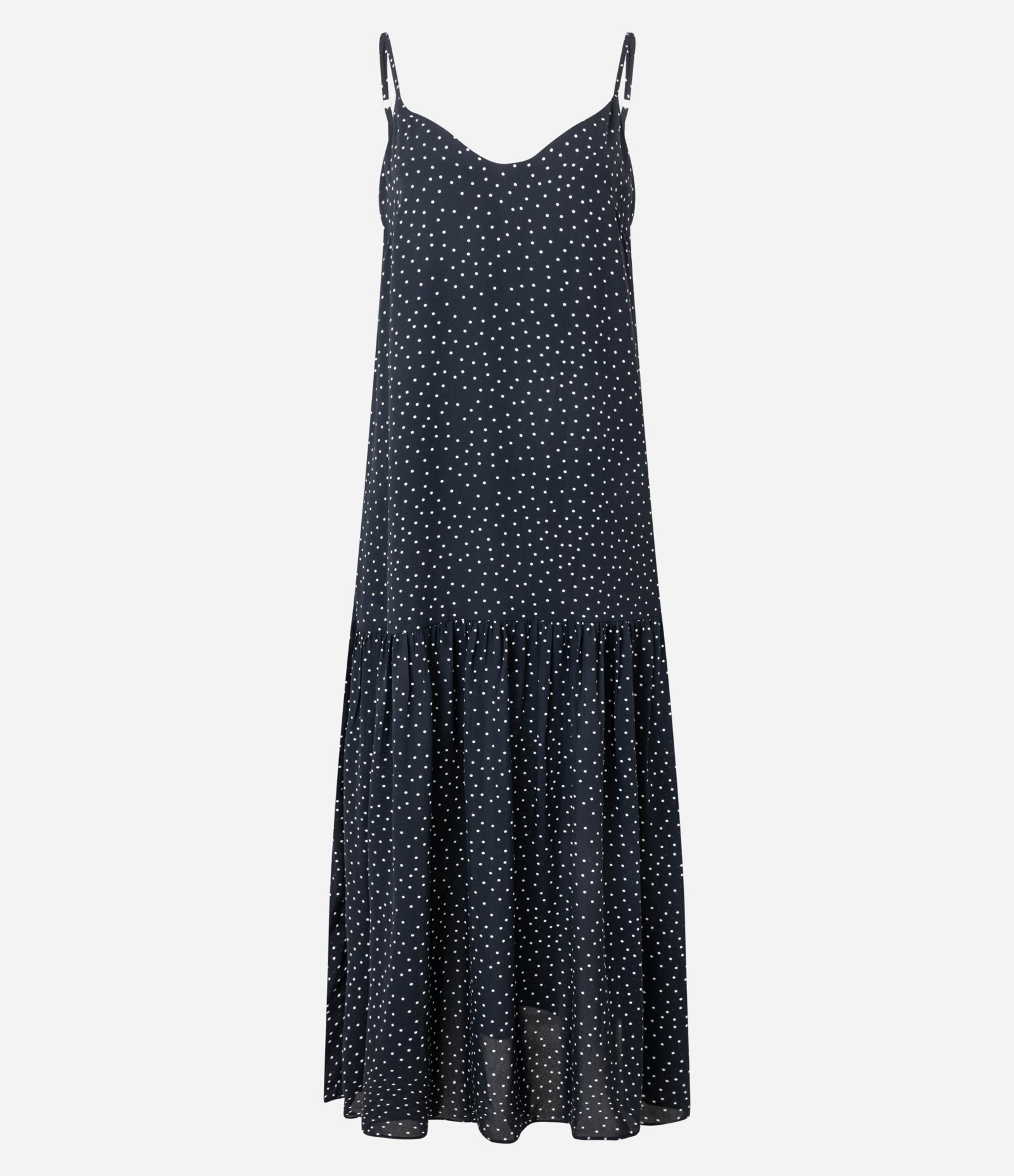 Vestido Evasê Longo em Crepe com Babados e Estampa Poá Azul Marinho 5