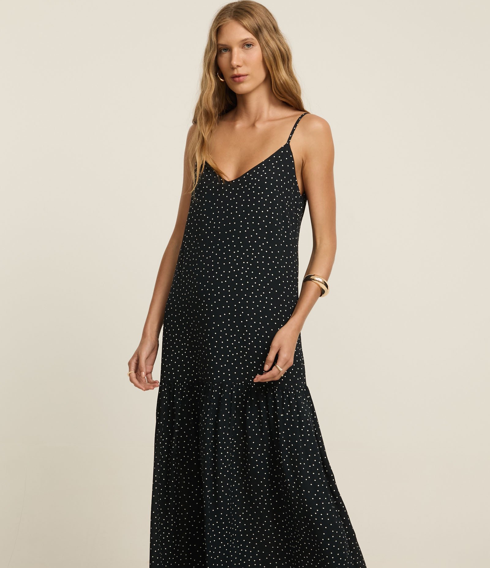 Vestido Evasê Longo em Crepe com Babados e Estampa Poá Azul Marinho 1