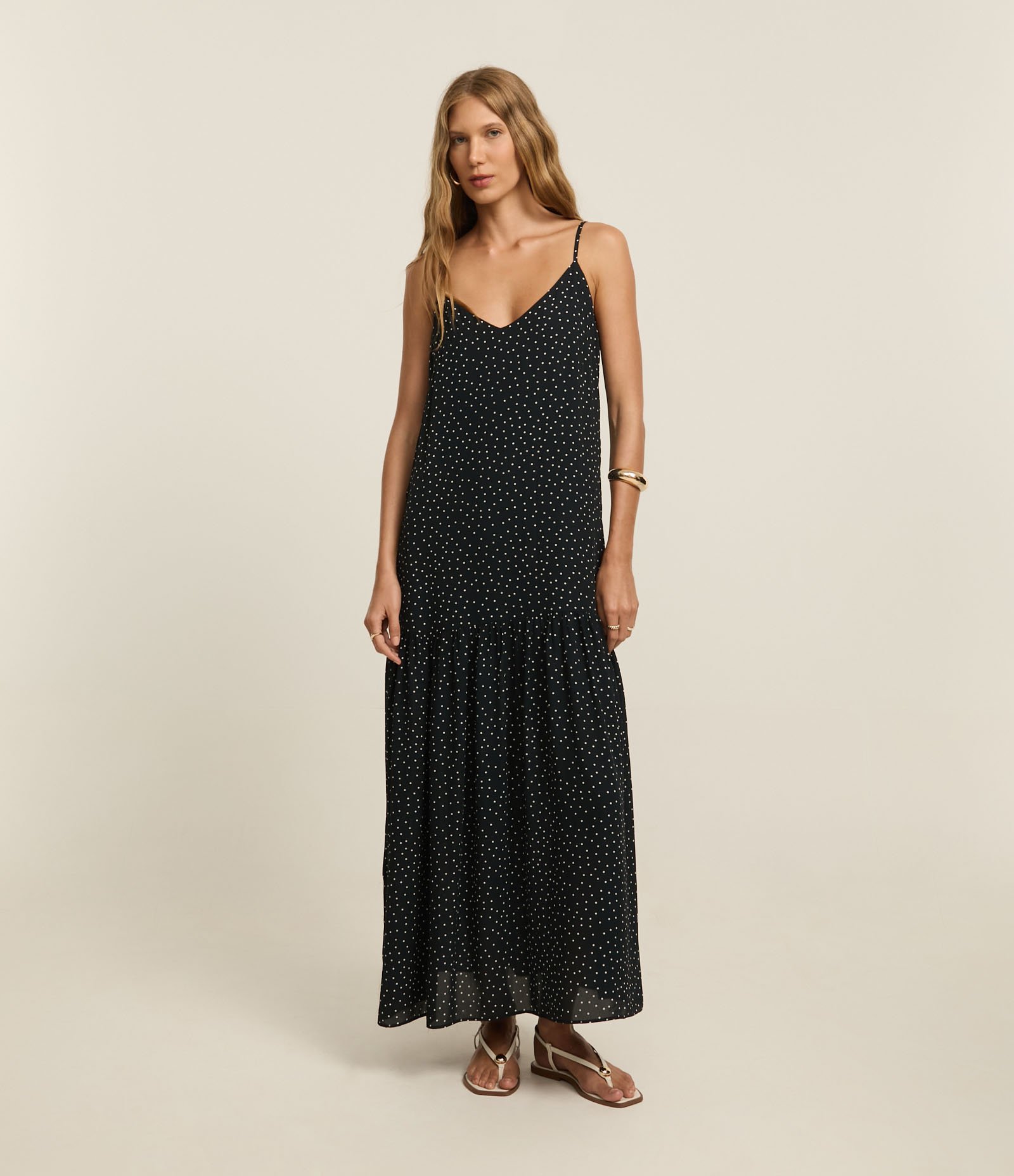 Vestido Evasê Longo em Crepe com Babados e Estampa Poá Azul Marinho 2