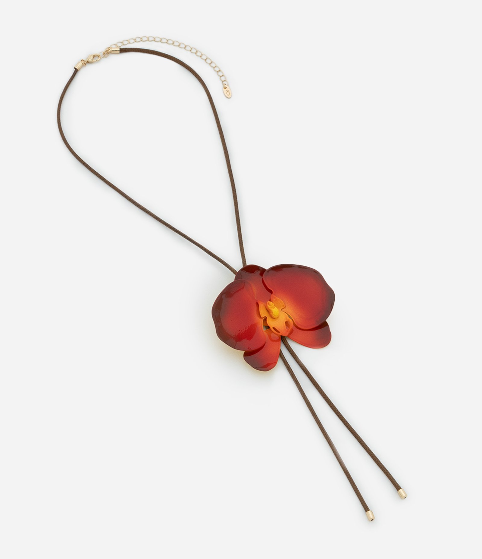 Colar Gravata com Cordão Encerado e Orquídea Esmaltada Laranja 2