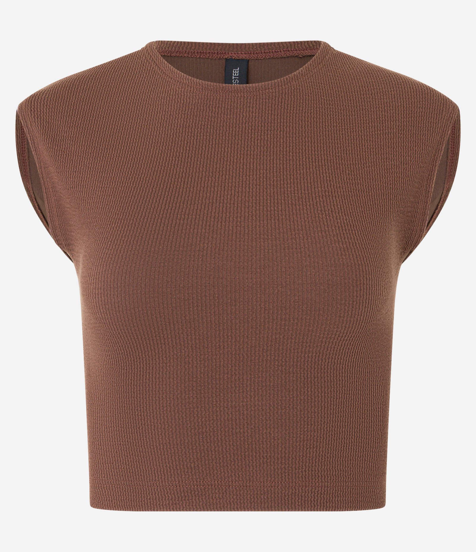 Blusa com Gola Redonda Sem Cava e Textura Marrom 5