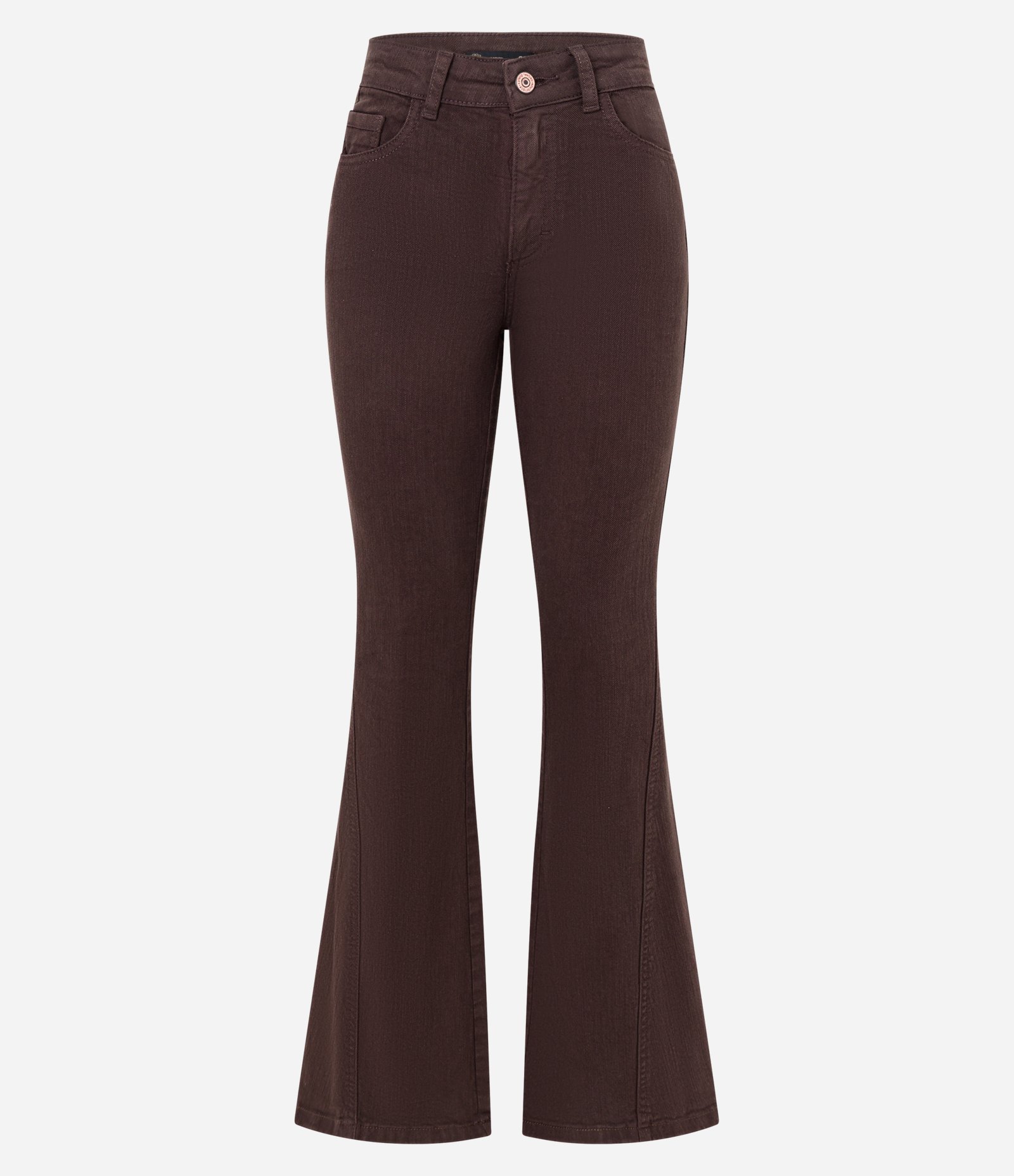 Calça Flare Cintura Alta em Sarja com Costura Lateral Transpassada Marrom 5