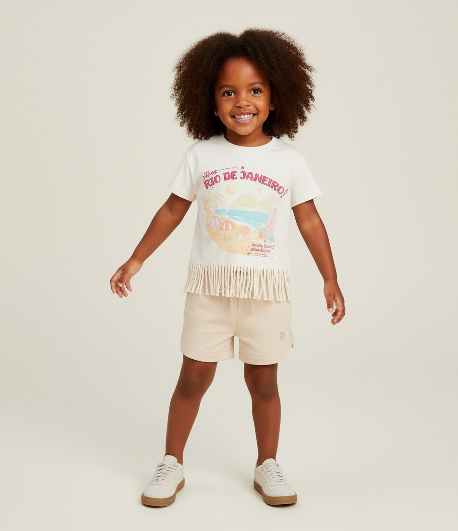 Blusa Infantil com Lettering Rio de Janeiro e Franjinhas - Tam 1 a 6 Anos Bege 1