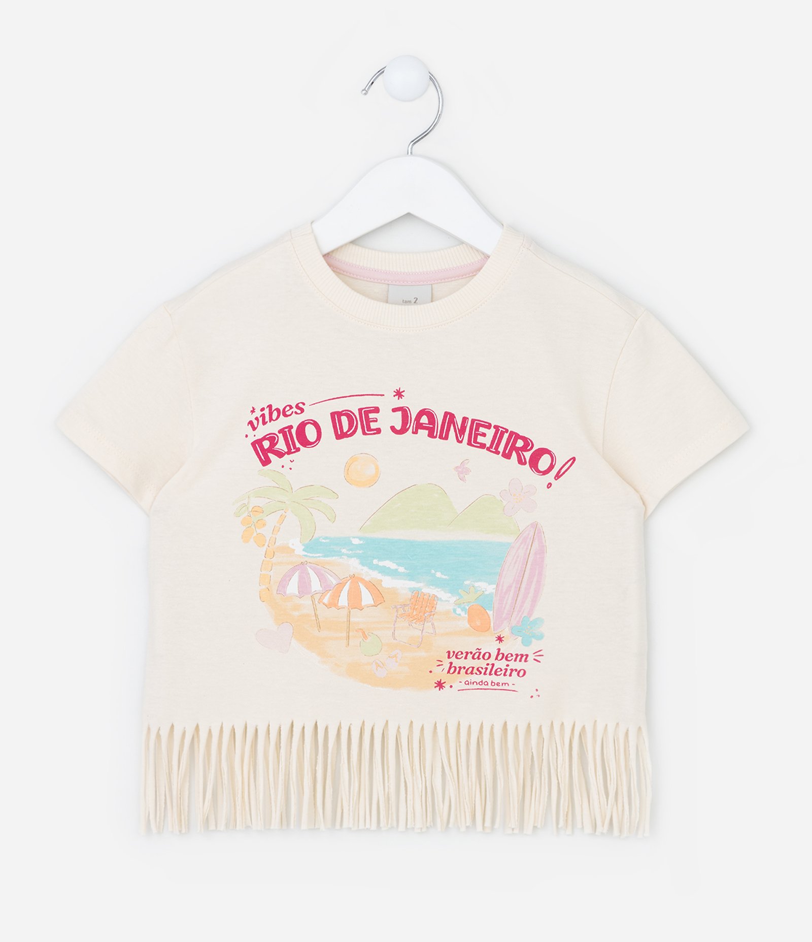 Blusa Infantil com Lettering Rio de Janeiro e Franjinhas - Tam 1 a 6 Anos Bege 1
