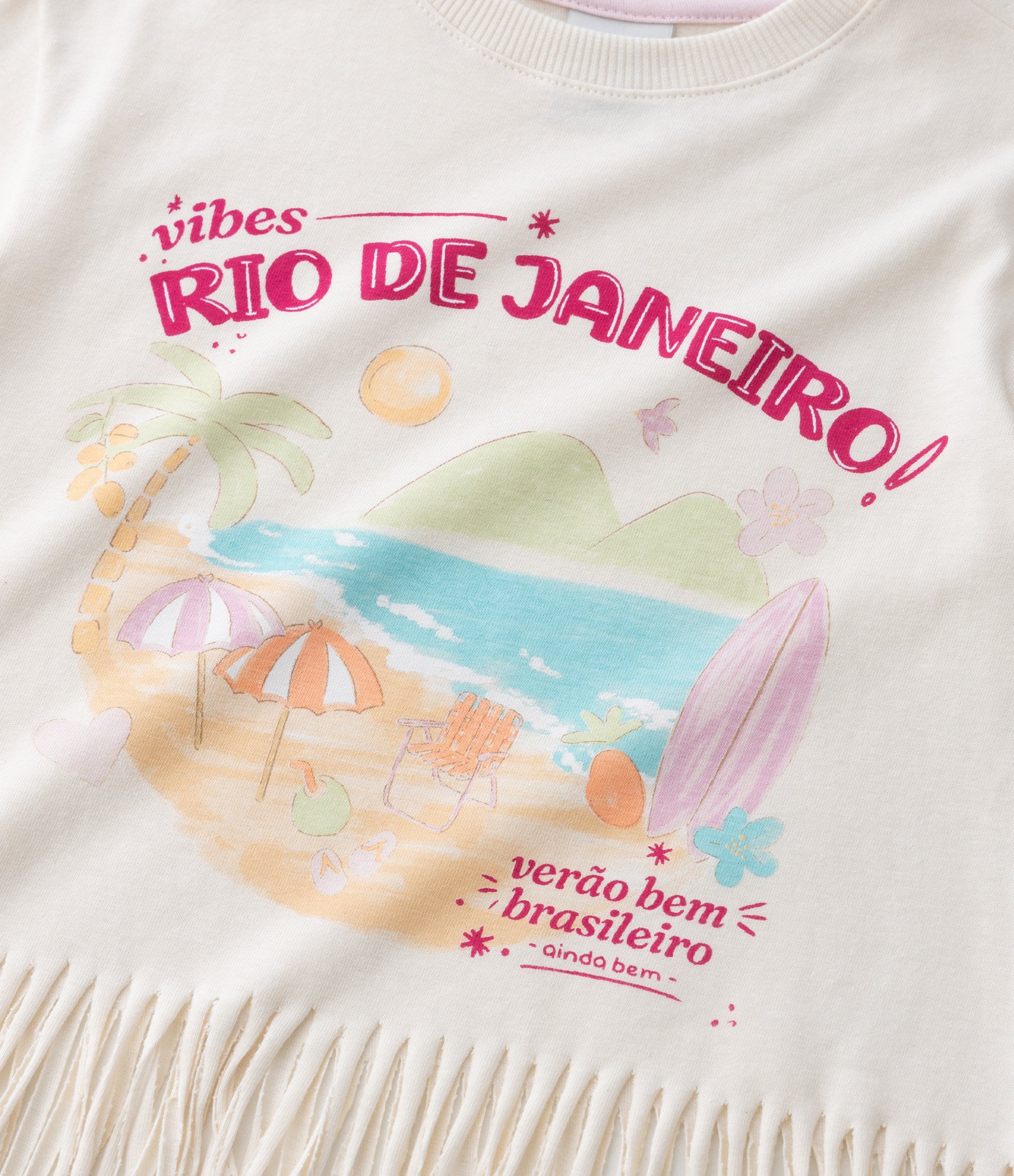 Blusa Infantil com Lettering Rio de Janeiro e Franjinhas - Tam 1 a 6 Anos Bege 5