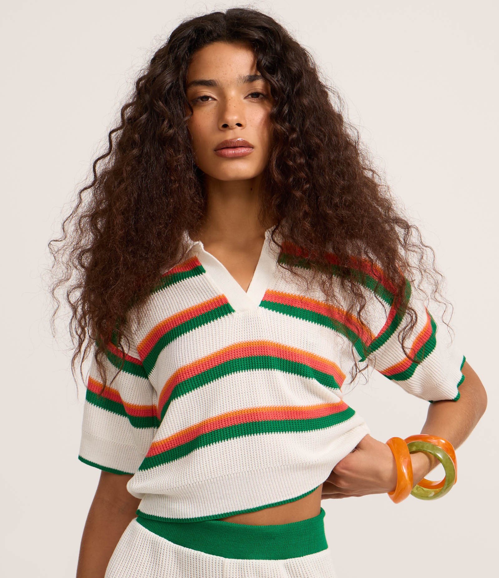 Blusa Polo Regular em Tricô com Estampa de Listras Branco 3