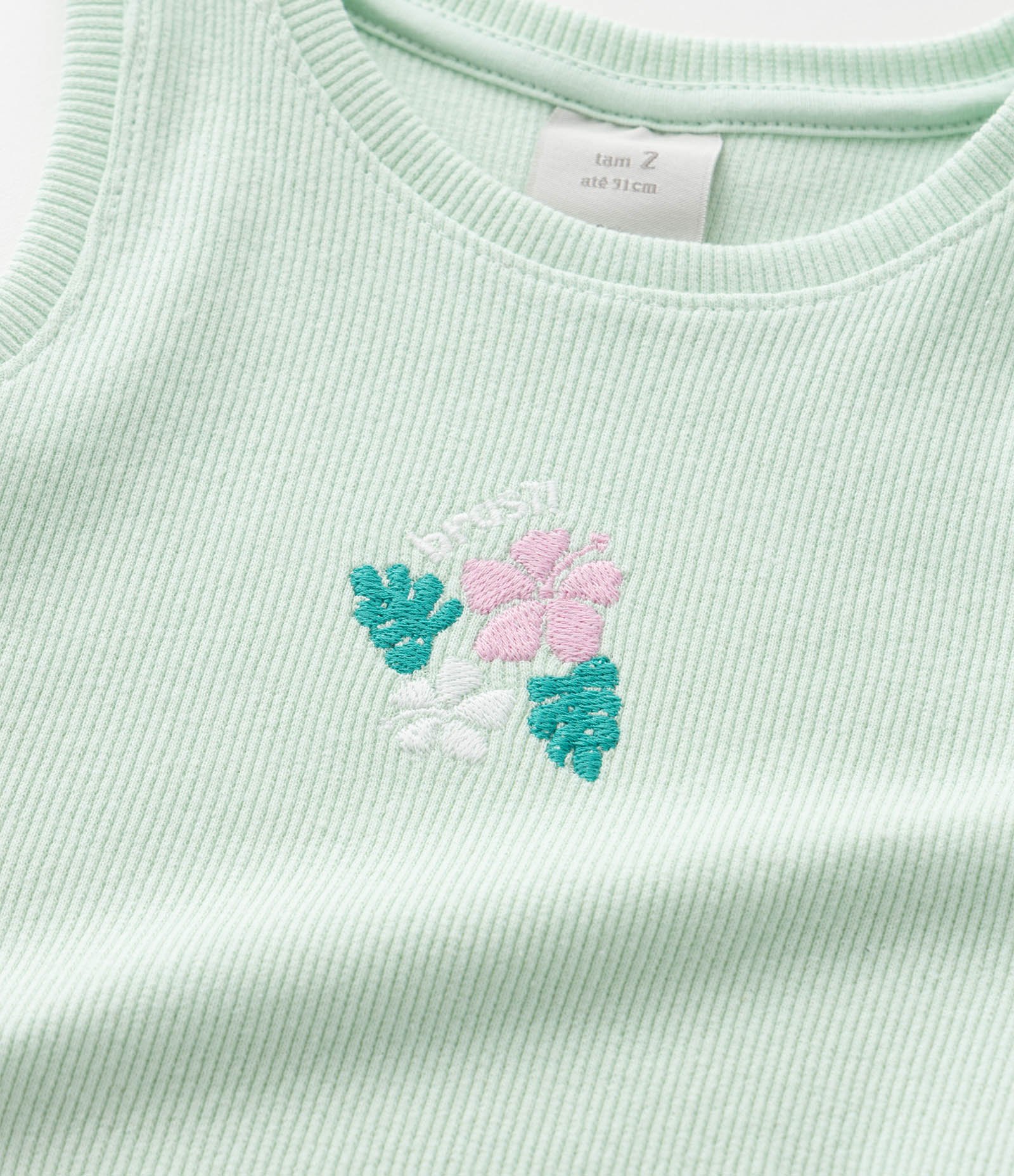 Regata Infantil em Ribana com Bordado Floral - Tam 1 a 6 Anos Verde 5