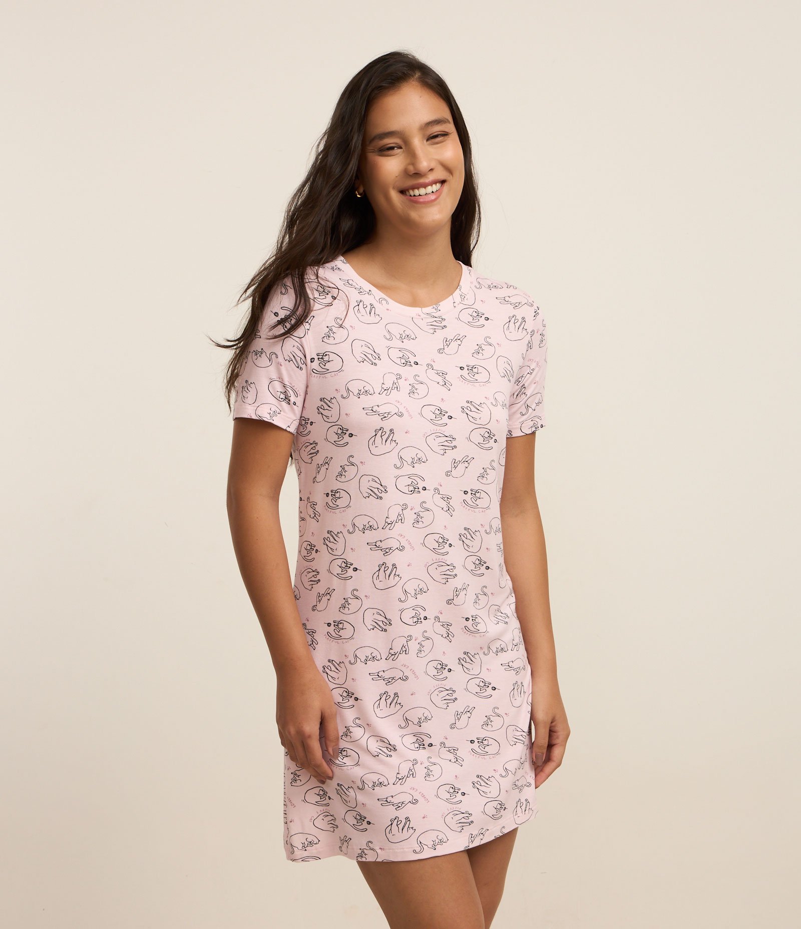 Camisola Curta em Viscose com Estampa de Gatinhos Rosa 1