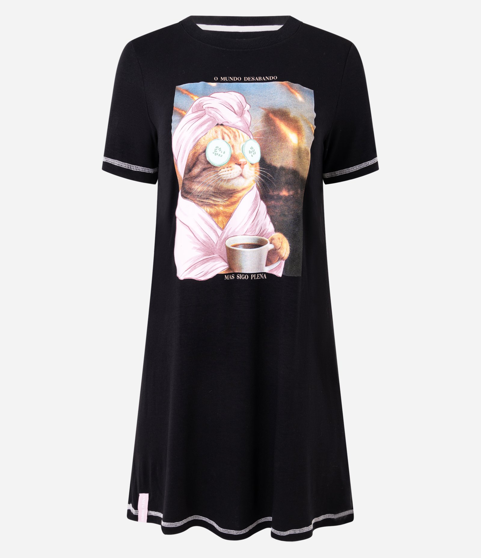 Camisola Curta em Viscose com Estampa de Gatinho Pleno Preto 3