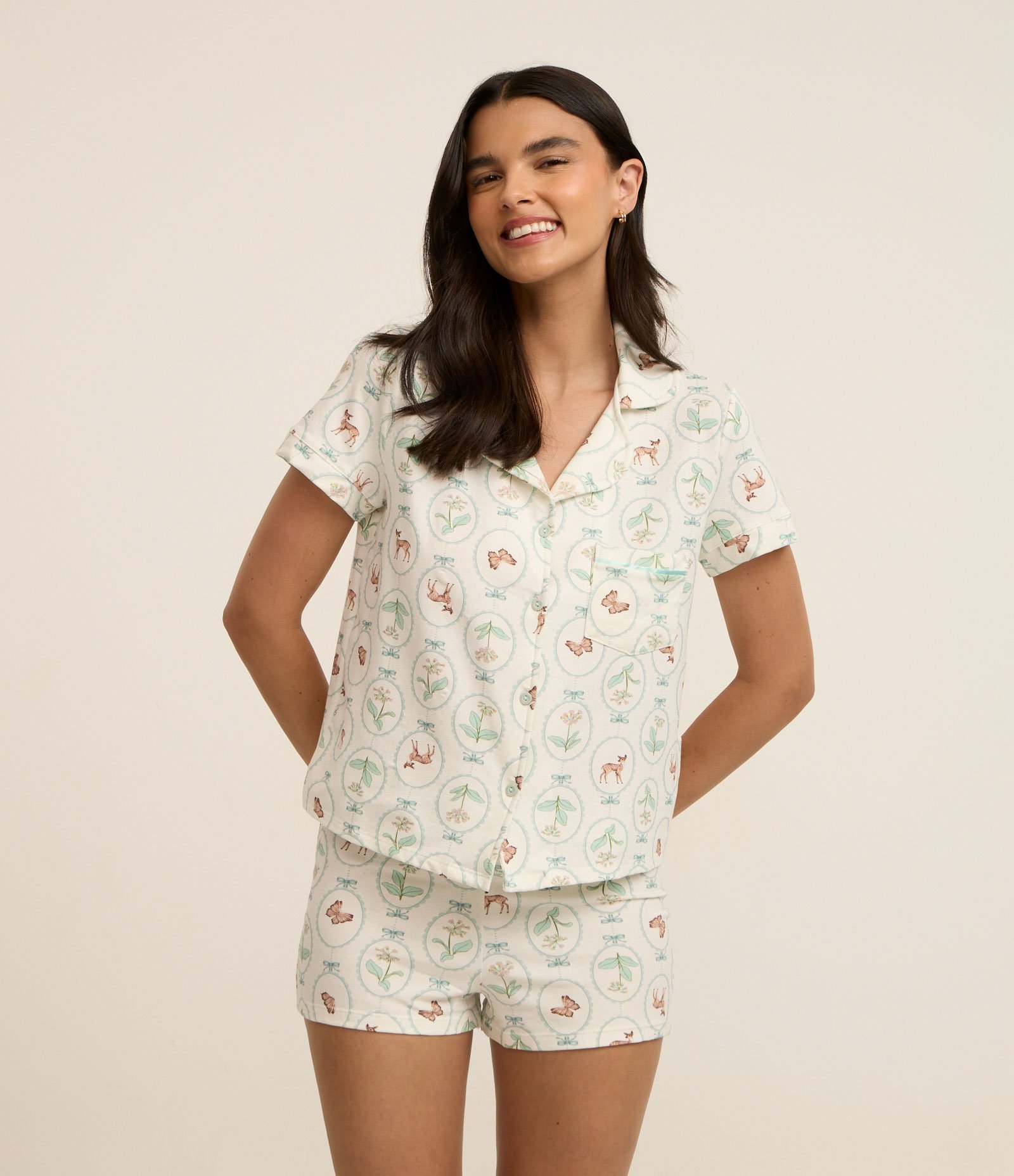 Pijama Short Doll Americano em Algodão Estampado Branco 1