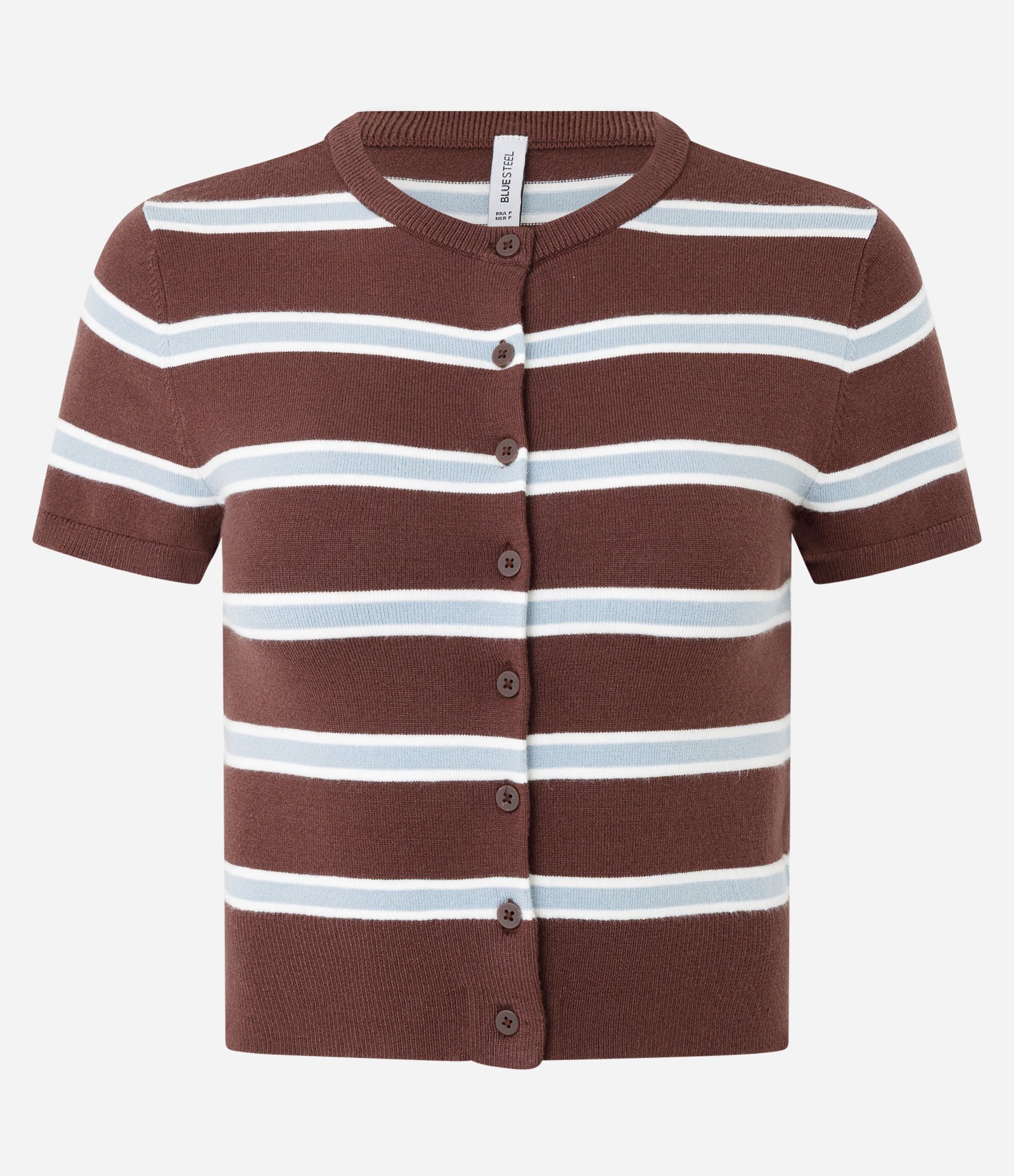 Blusa em Tricô com Abotoamento e Estampa de Listras Marrom/Azul 1