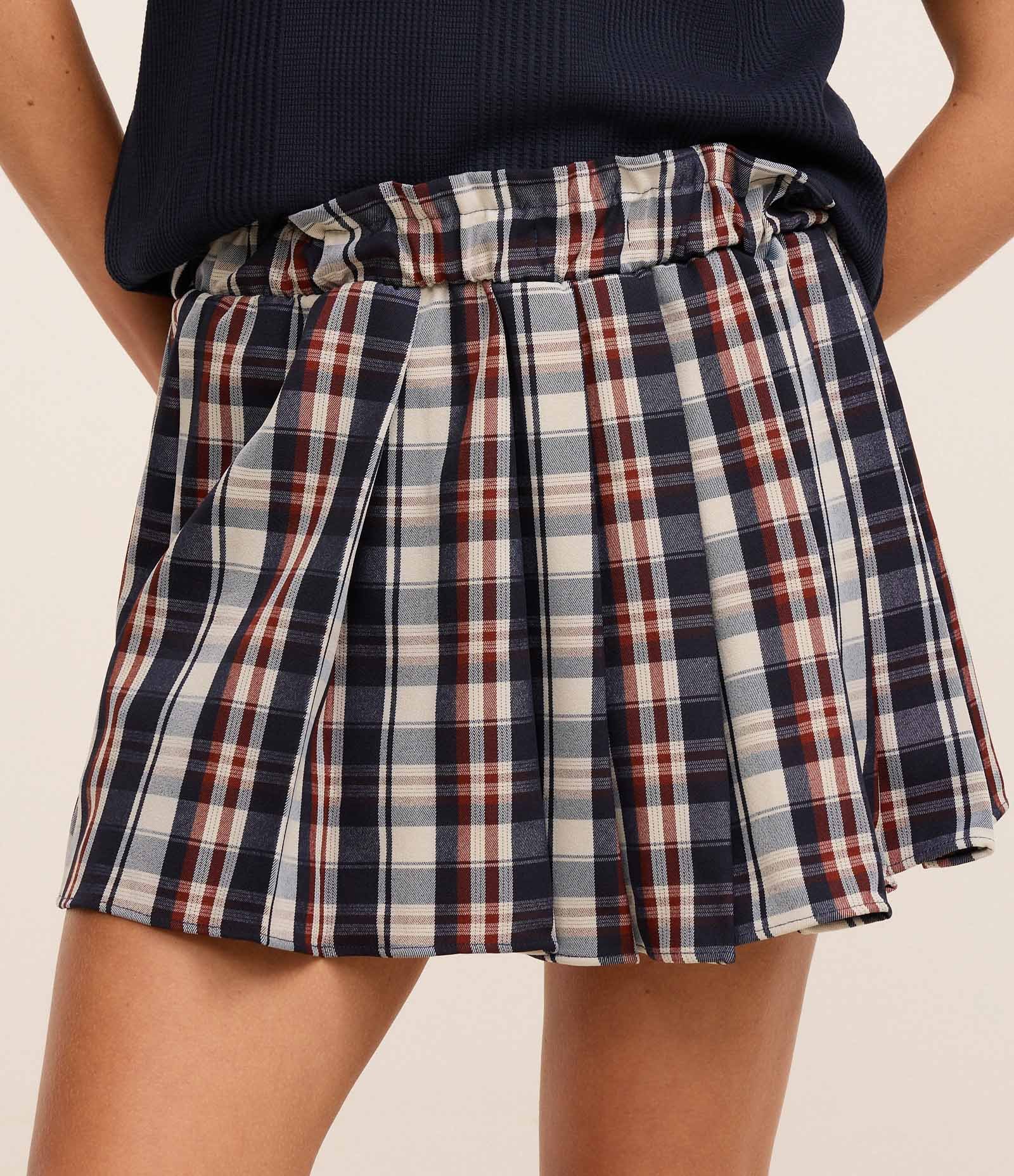 Saia Evasê Alfaiatada Plissada com Estampa Xadrez e Babado no Cós Azul 2