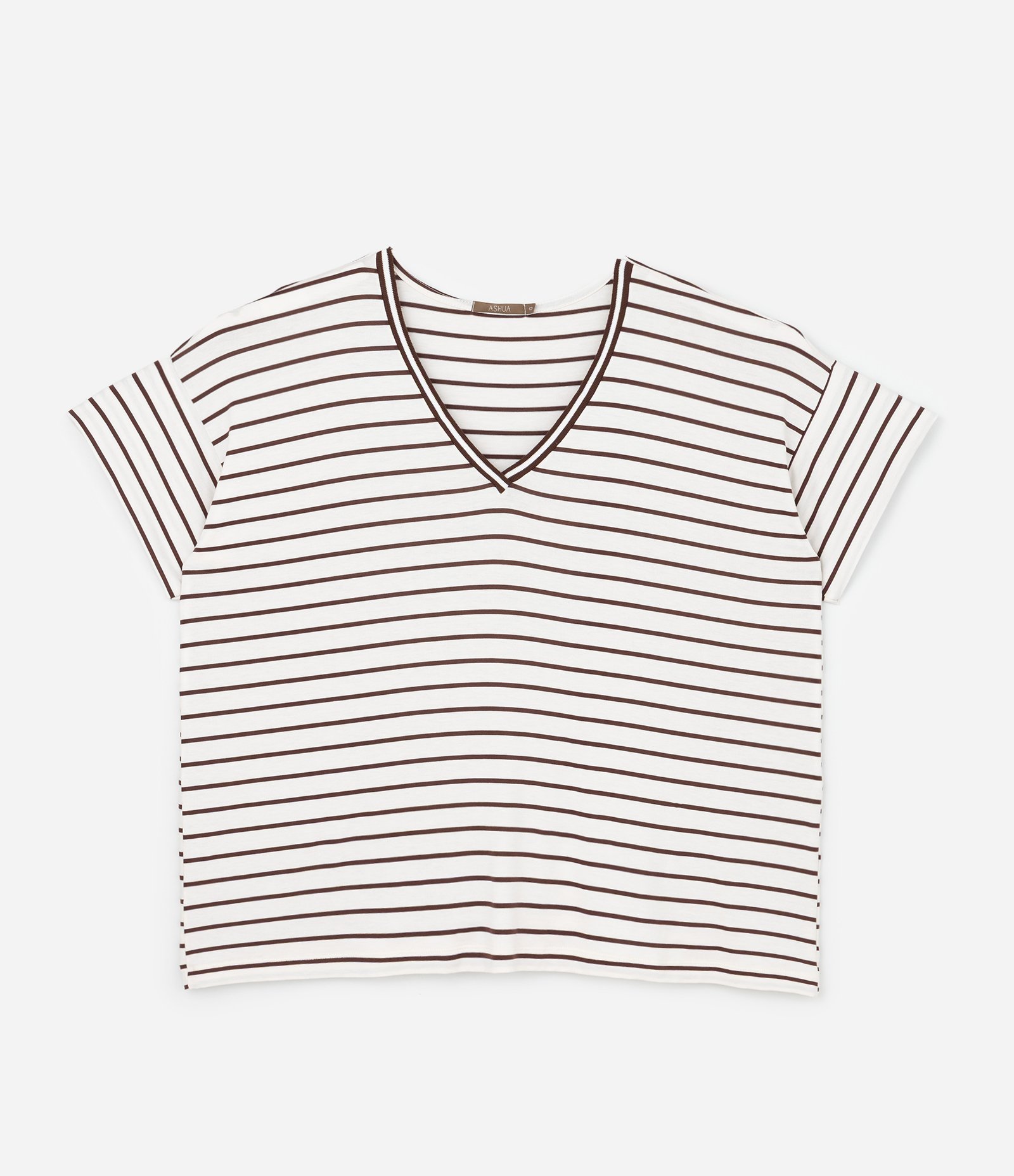 Blusa Alongada em Viscolycra Listrada Curve & Plus Size Branco/Marrom 5