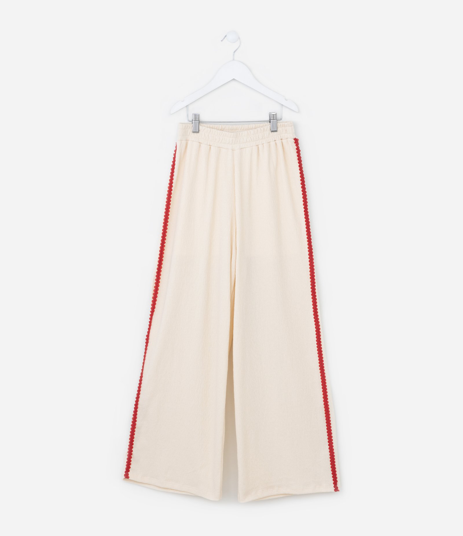 Calça Infantil Wide Leg em Anarruga com Aplicação de Sianinha - Tam 7 a 14 Anos Bege 1