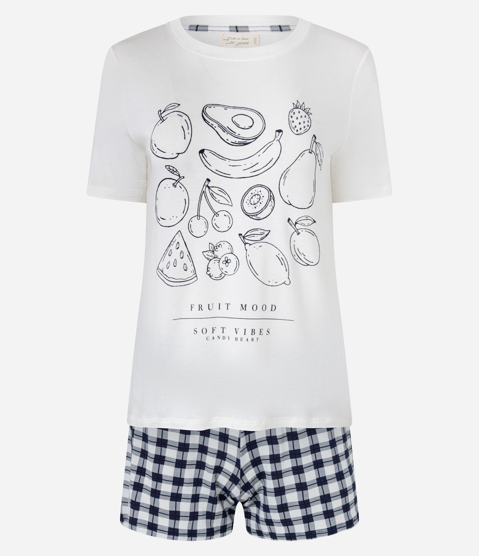 Pijama Short Doll em Viscose com Estampa de Frutas e Short Xadrez Branco 1
