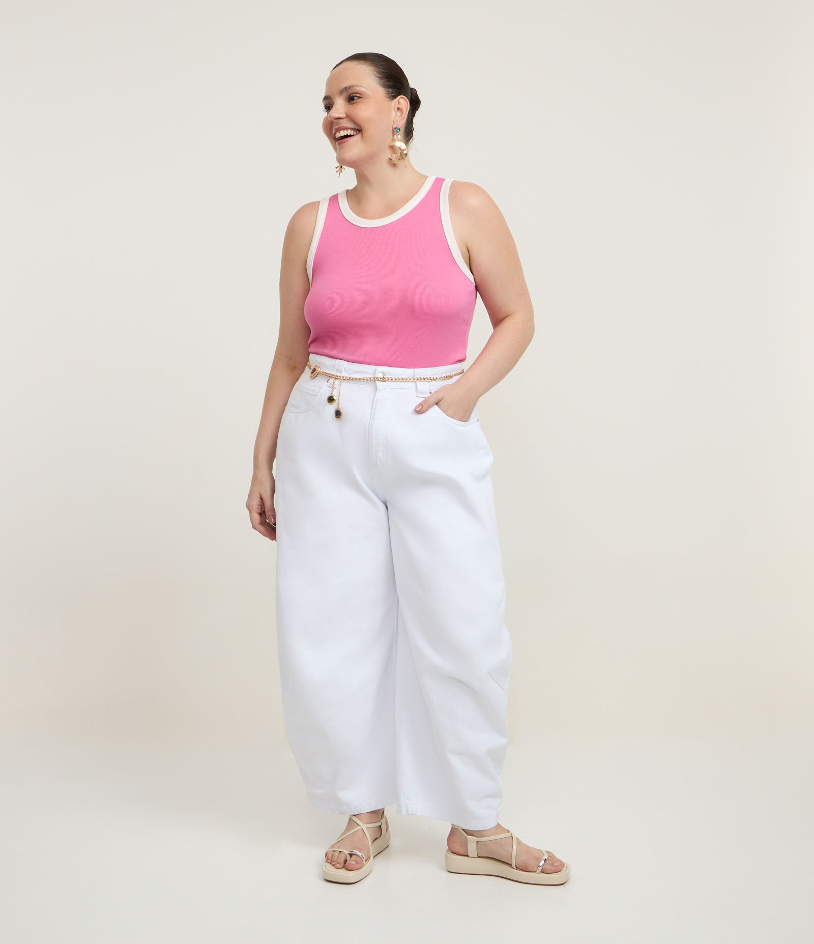 Blusa Regata Canelada com Viés Contrastante Curve & Plus Size Rosa 3