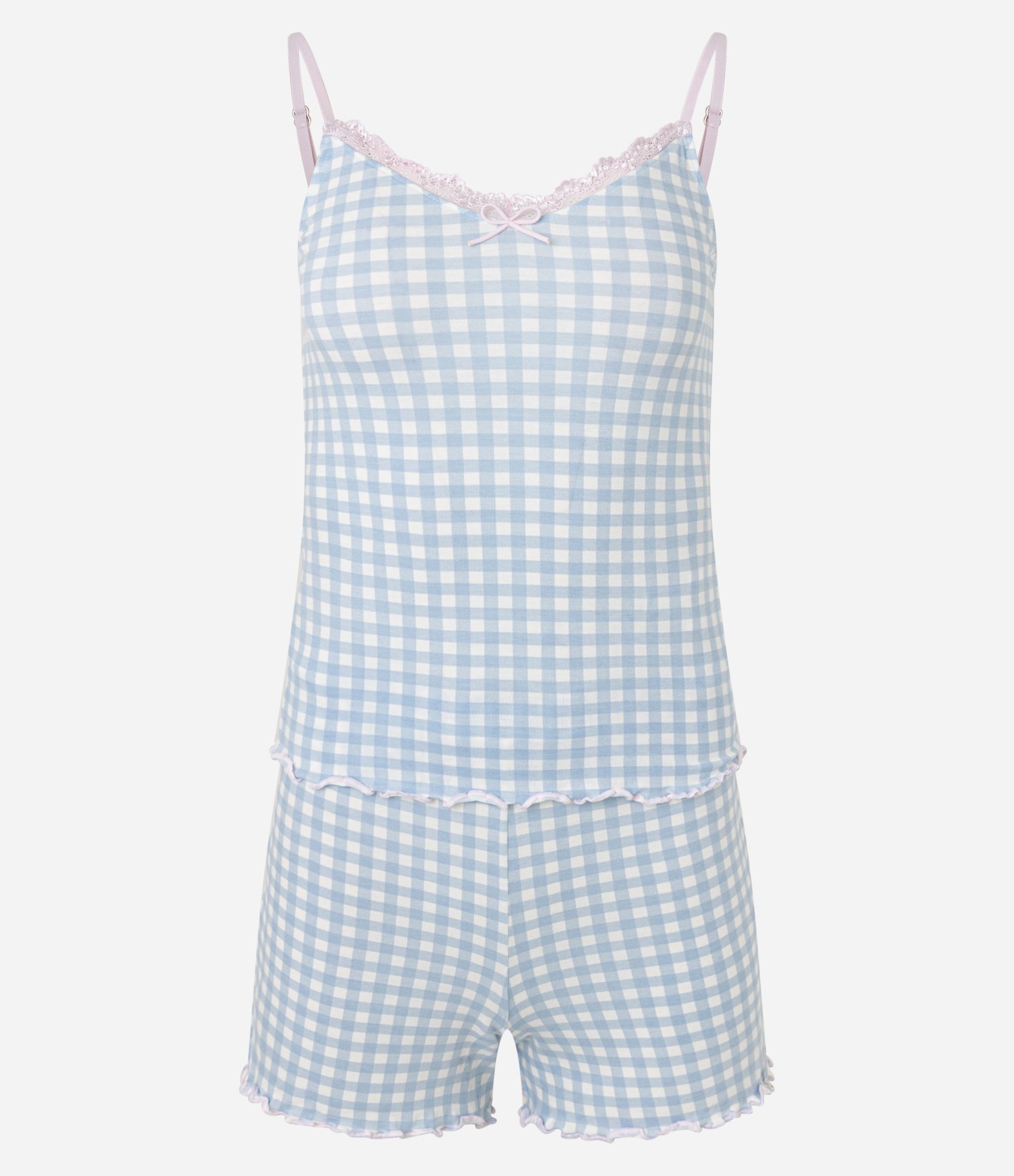 Pijama Short Doll em Viscolycra com Estampa Xadrez Vichy e Barra Frufru Azul 4