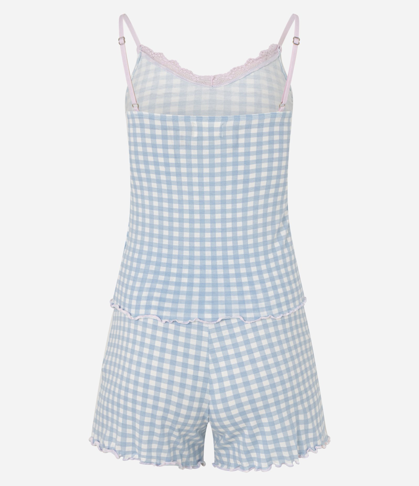 Pijama Short Doll em Viscolycra com Estampa Xadrez Vichy e Barra Frufru Azul 6