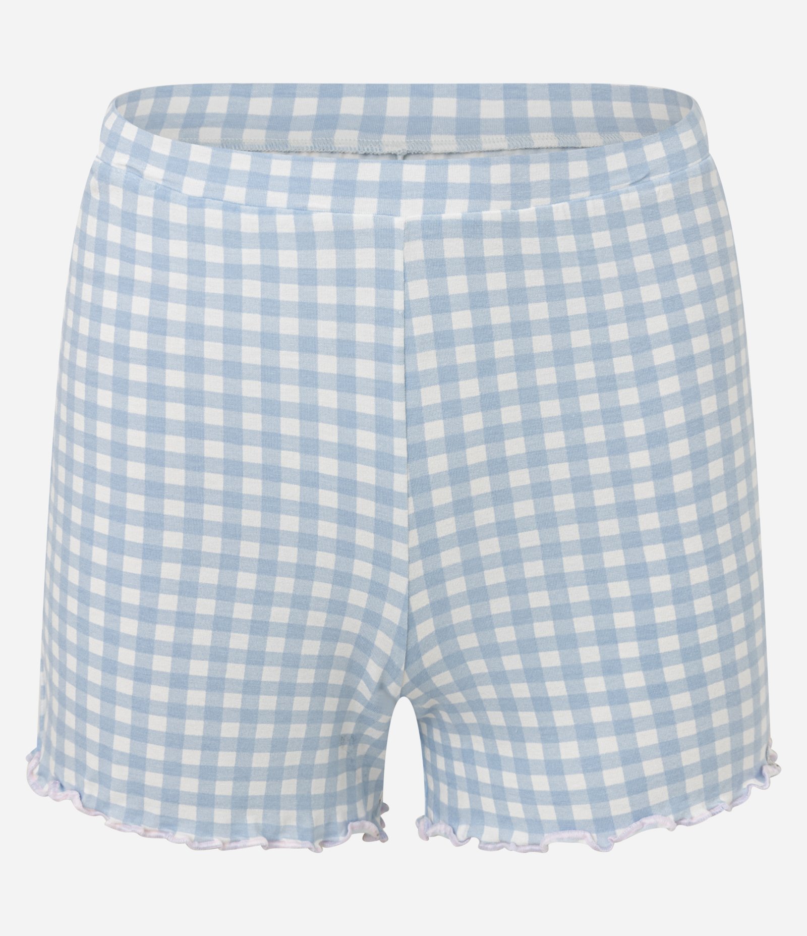 Pijama Short Doll em Viscolycra com Estampa Xadrez Vichy e Barra Frufru Azul 7