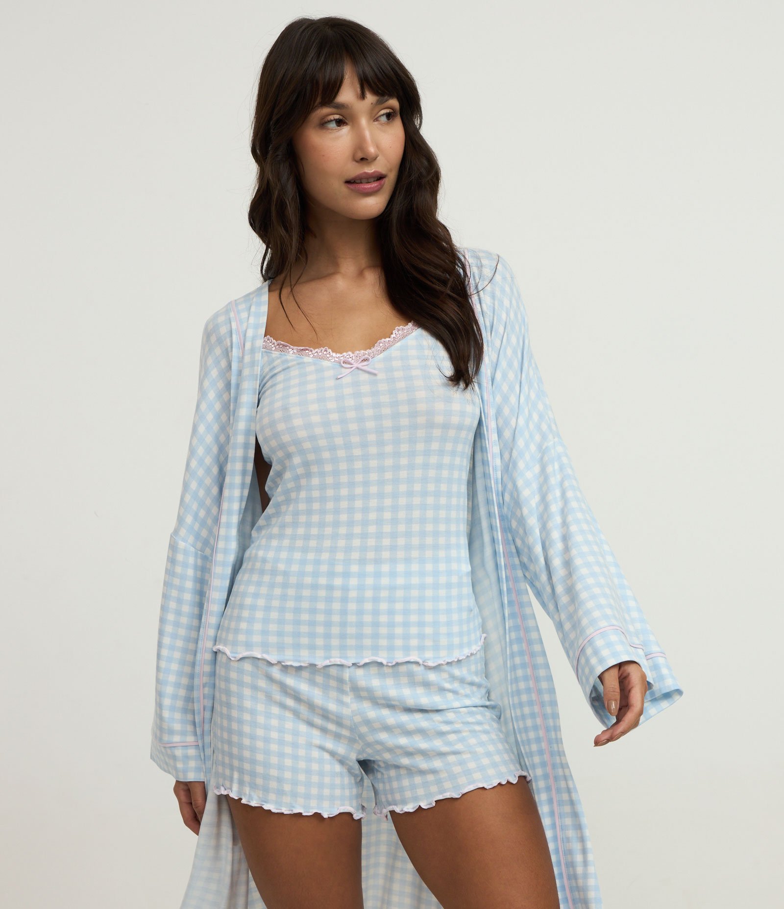 Pijama Short Doll em Viscolycra com Estampa Xadrez Vichy e Barra Frufru Azul 1