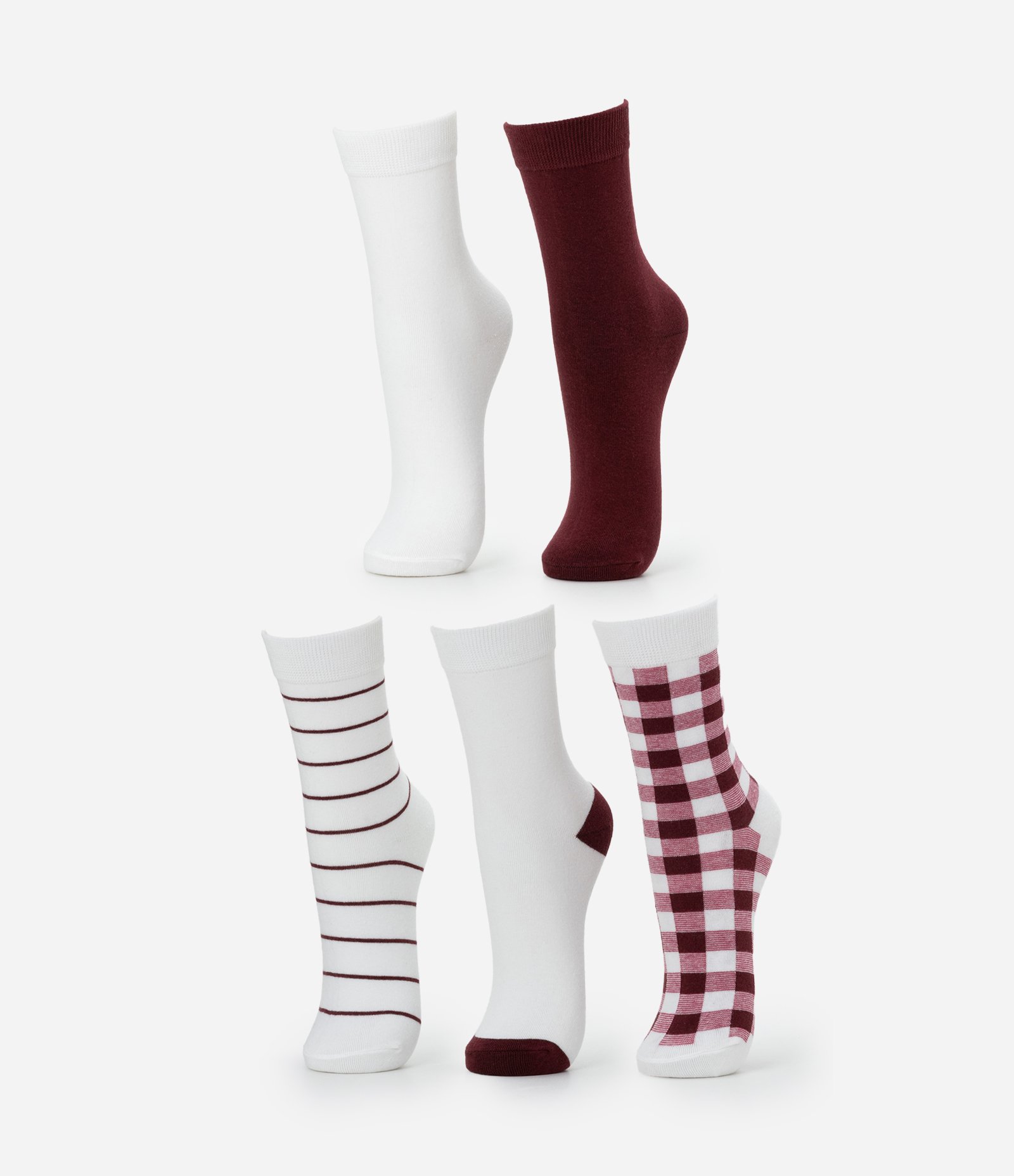 Kit 05 Meias Cano Alto em Algodão com Estampas Diversas Branco/Bordô 1