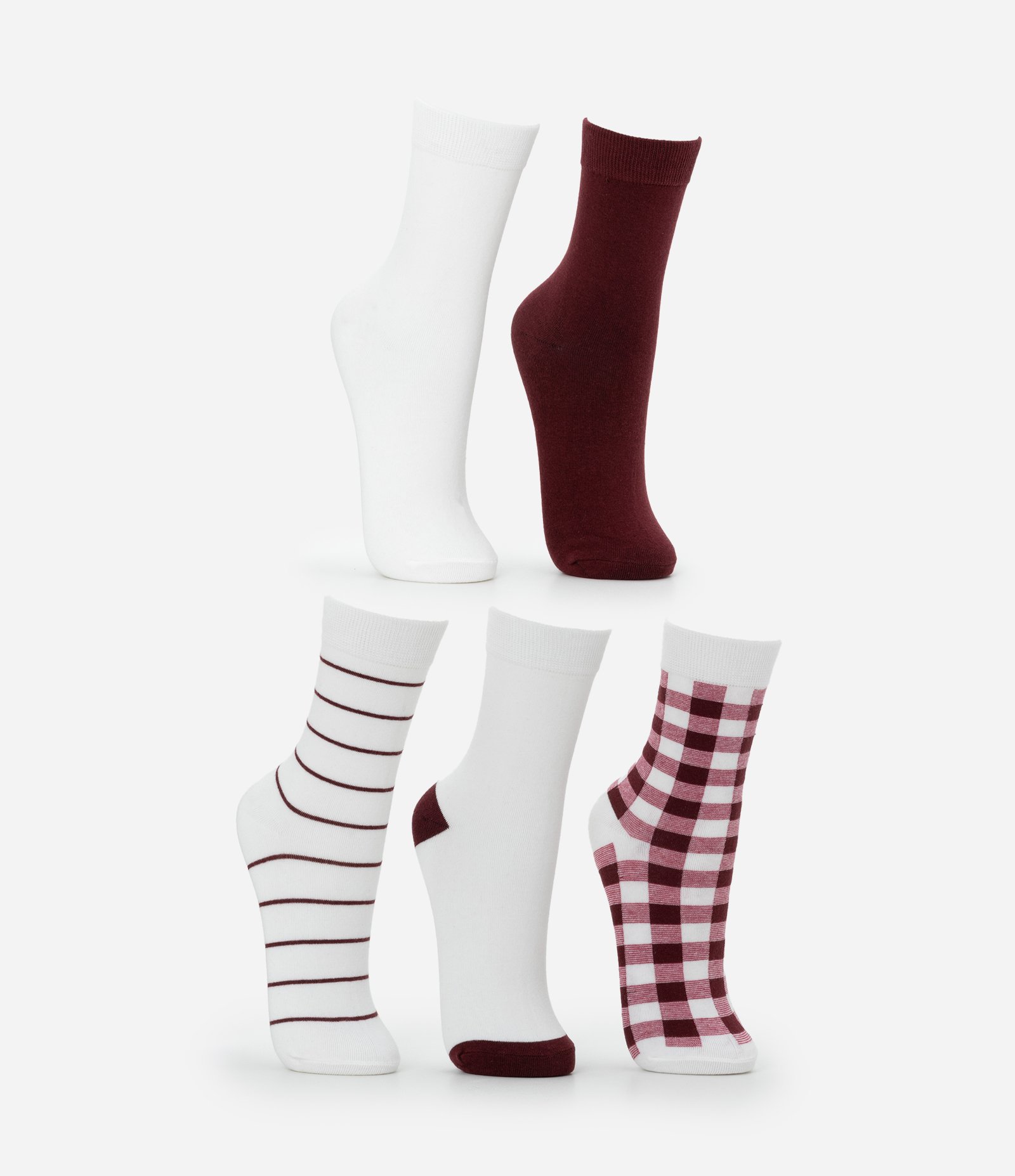 Kit 05 Meias Cano Alto em Algodão com Estampas Diversas Branco/Bordô 2