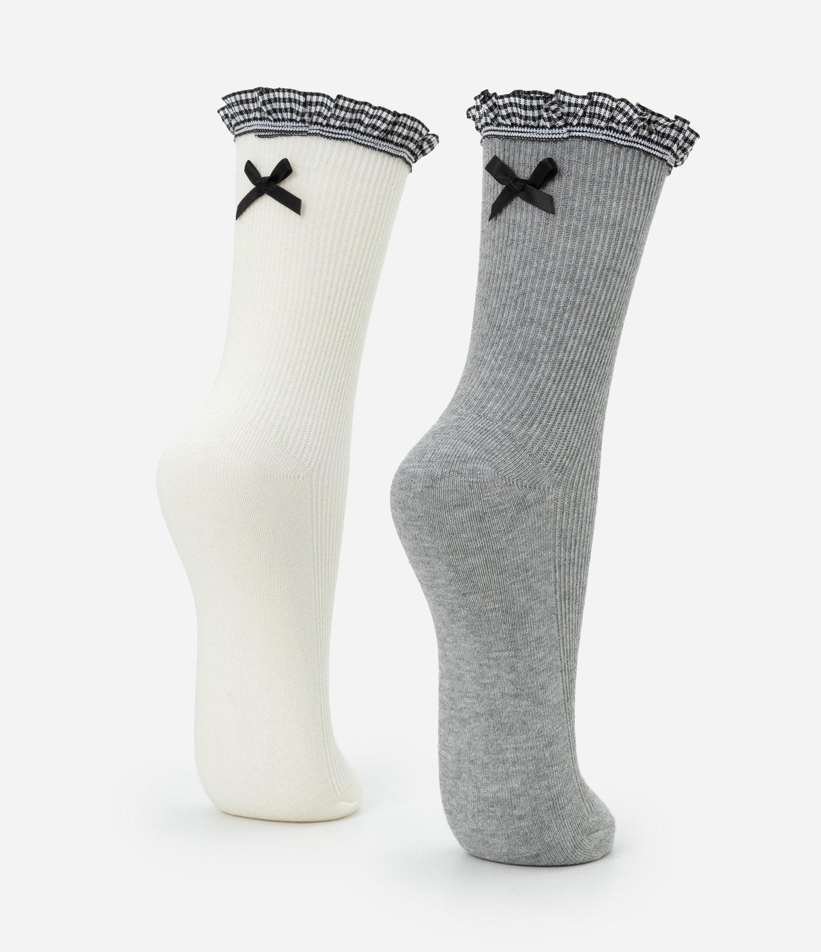 Kit 02 Meias Cano Médio Com Frufru E Laço Cinza/Branco 3