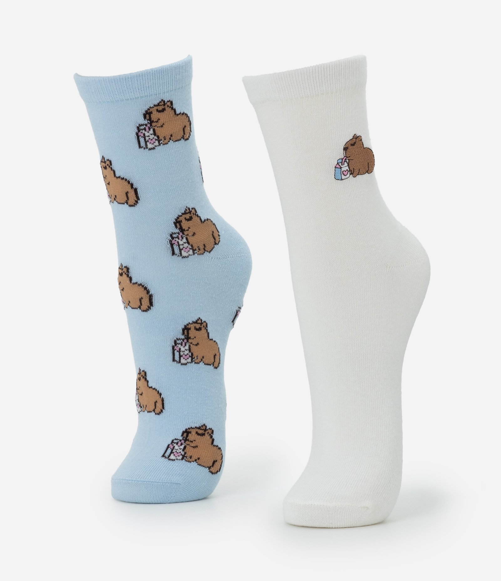 Kit 02 Meias Cano Médio em Algodão com Estampa e Bordado Capivara Azul/Branco 1