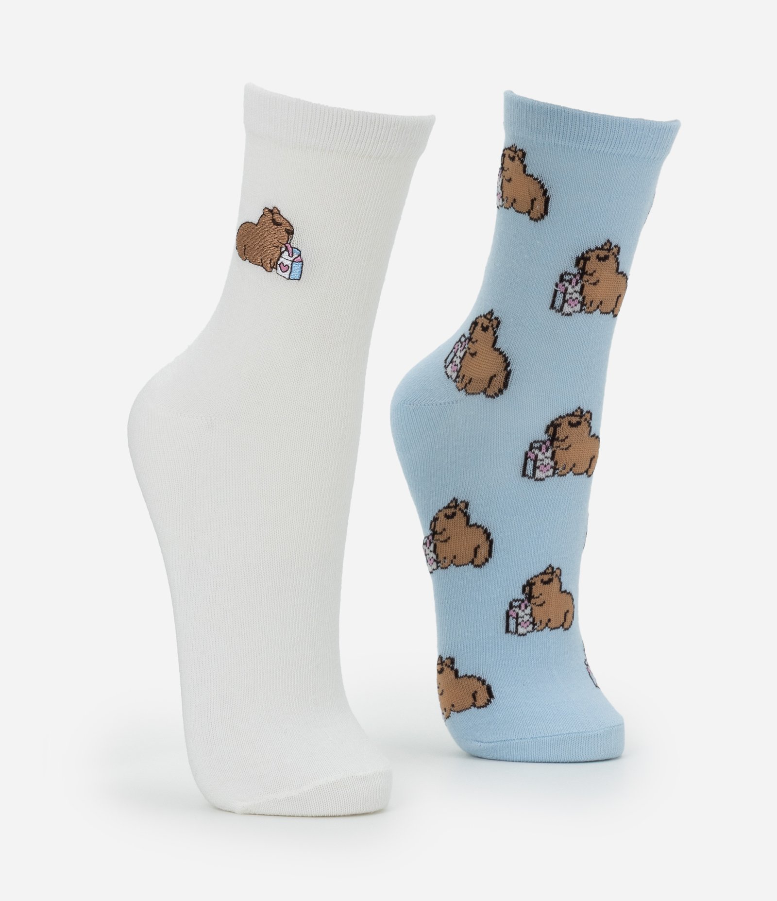 Kit 02 Meias Cano Médio em Algodão com Estampa e Bordado Capivara Azul/Branco 2