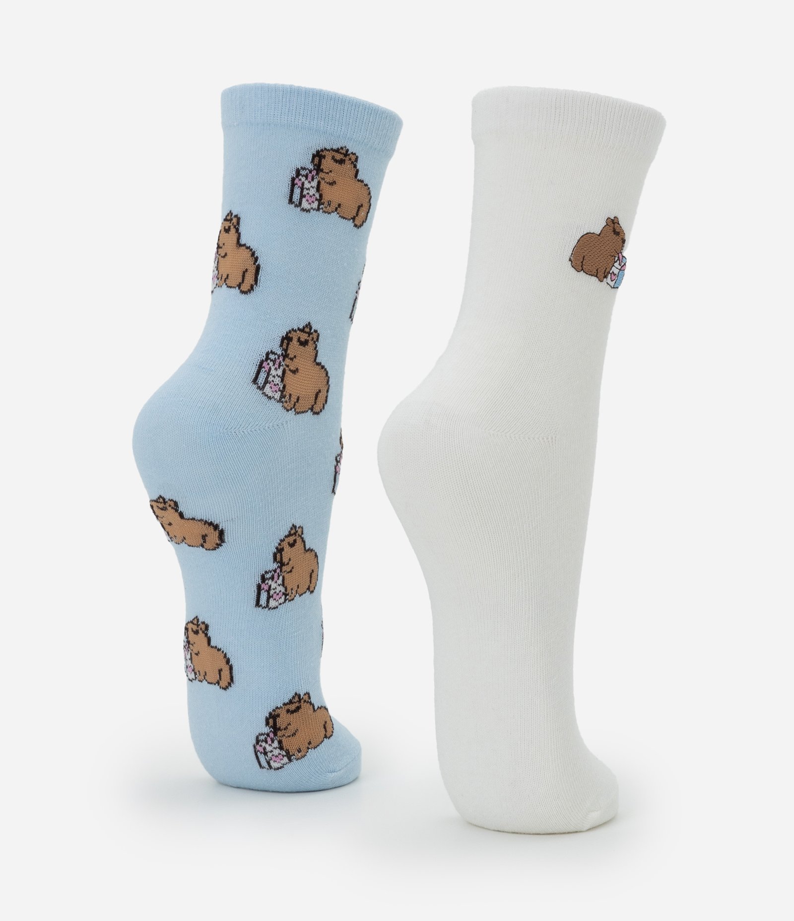 Kit 02 Meias Cano Médio em Algodão com Estampa e Bordado Capivara Azul/Branco 3