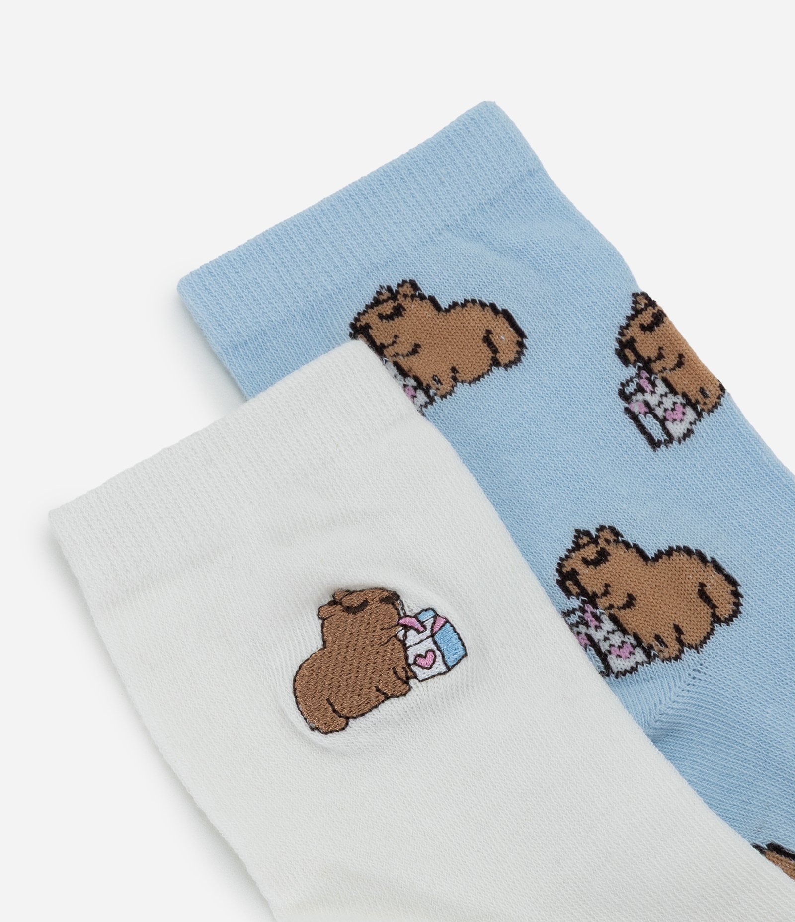Kit 02 Meias Cano Médio em Algodão com Estampa e Bordado Capivara Azul/Branco 4