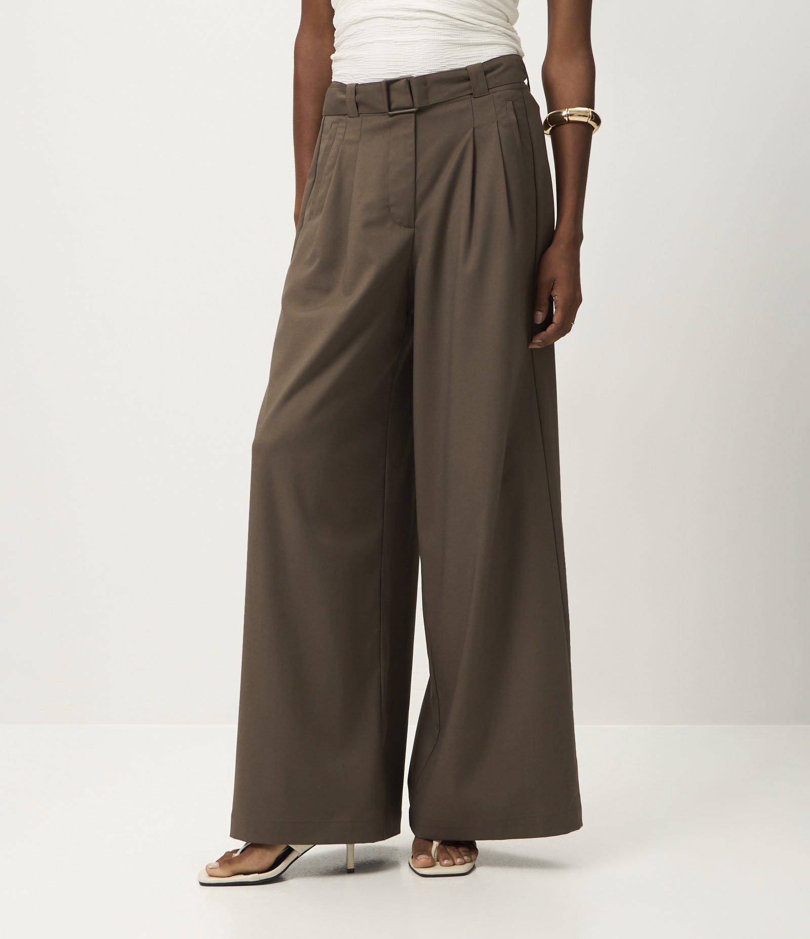 Calça Wide Leg em Alfaiataria com Pregas Frontais e Cinto Marrom 3