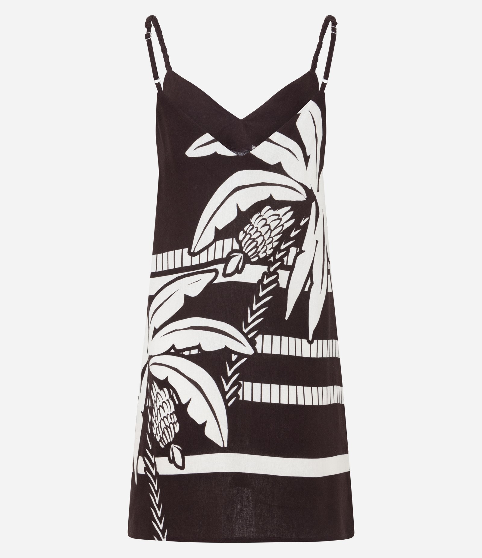 Vestido Curto Evasê em Linho com Decote V e Estampa Coqueiro Preto / Branco 2