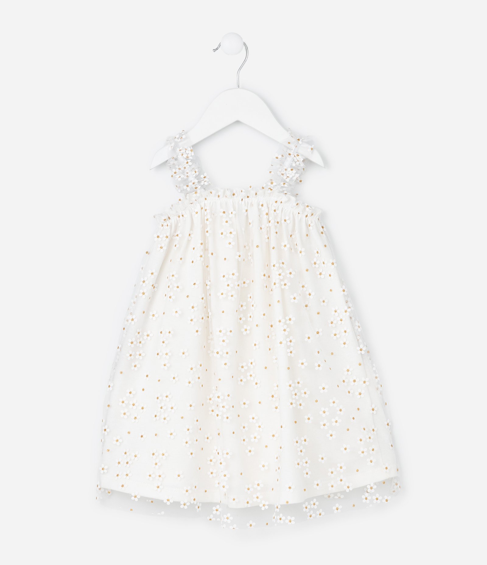 Vestido Infantil em Tule com Estampa de Florzinhas - Tam 1 a 6 Anos Branco 2