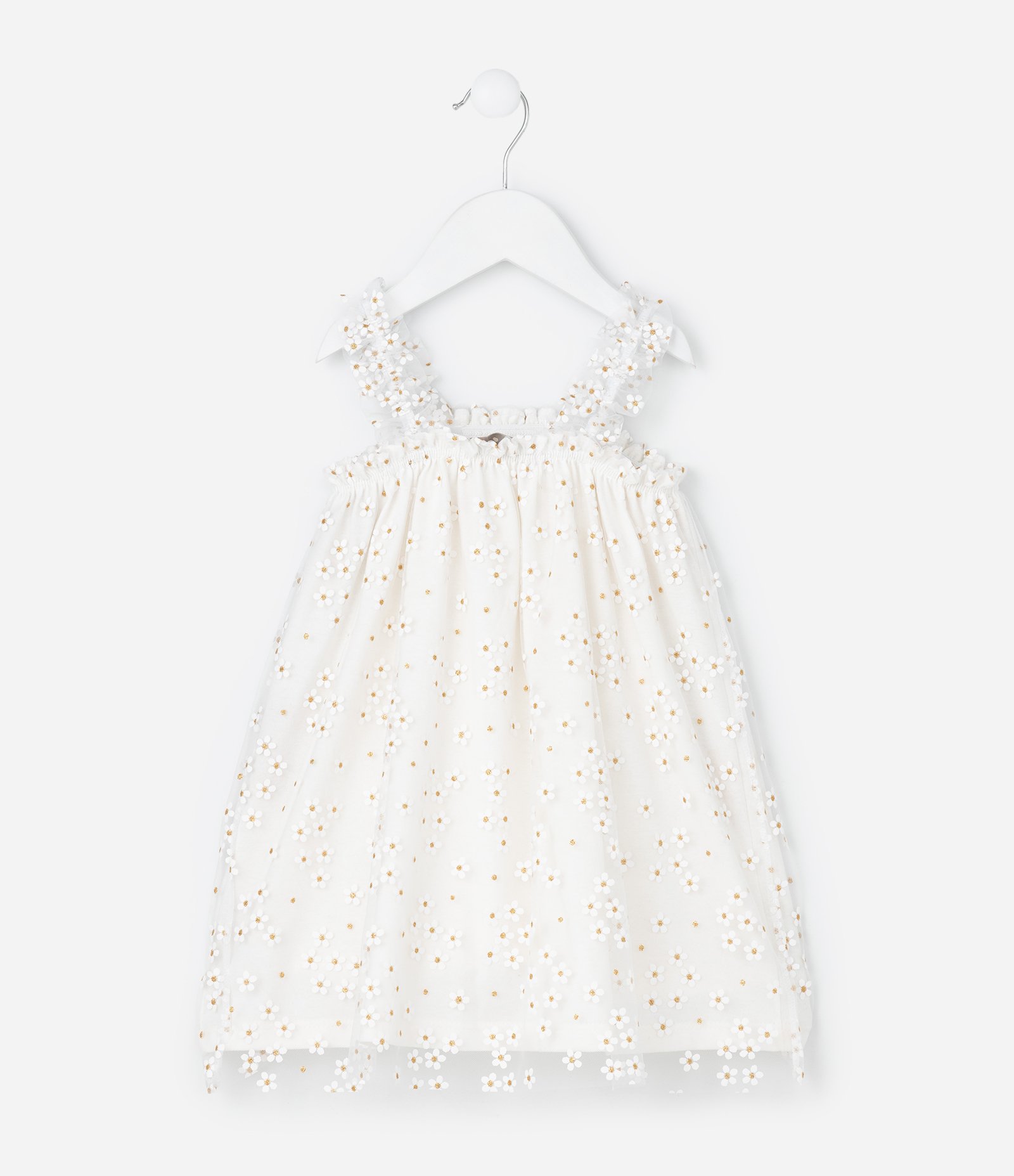 Vestido Infantil em Tule com Estampa de Florzinhas - Tam 1 a 6 Anos Branco 3