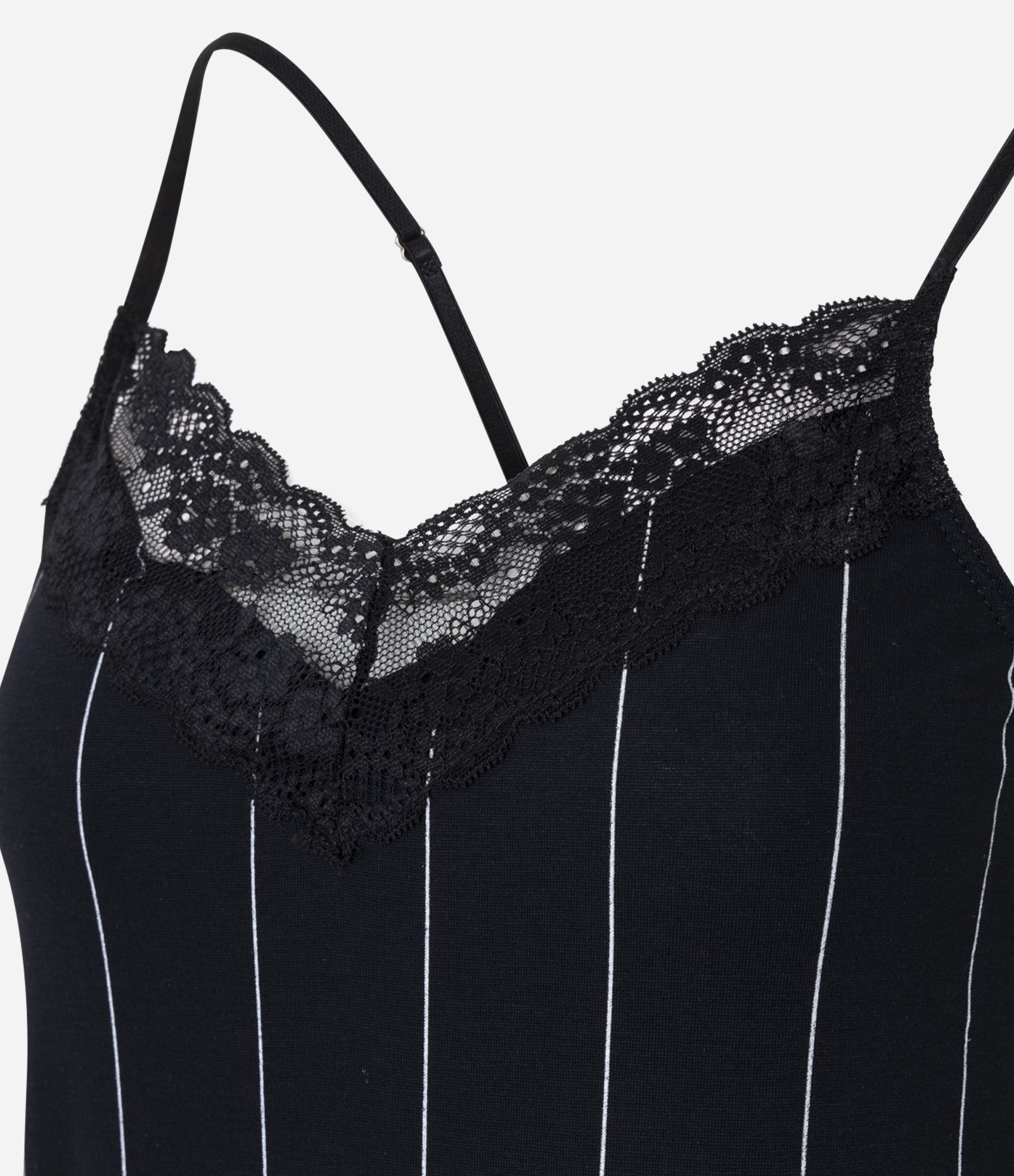 Camisola Curta em Viscolycra Listrada com Alcinhas e Renda Preto 2
