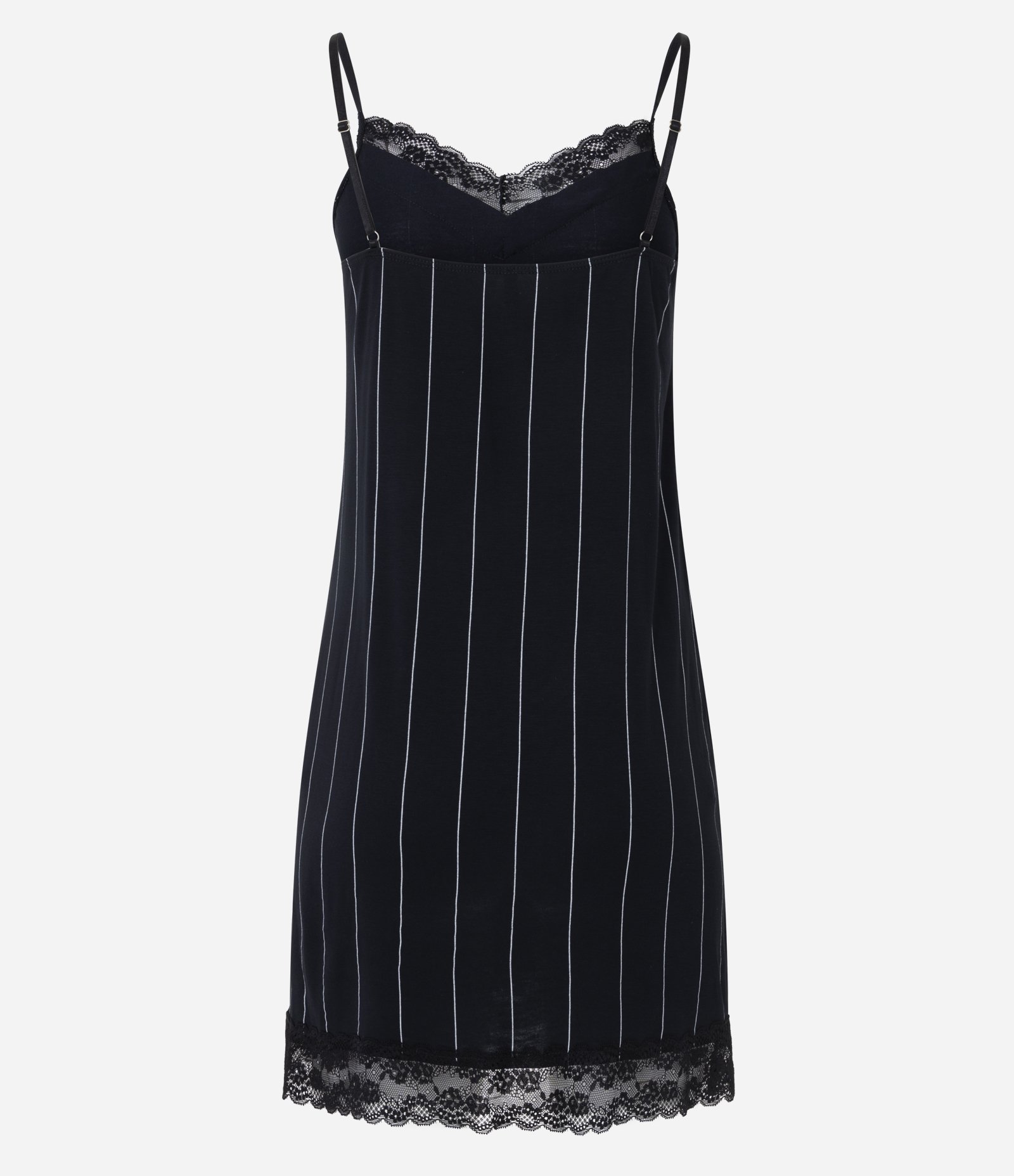 Camisola Curta em Viscolycra Listrada com Alcinhas e Renda Preto 3