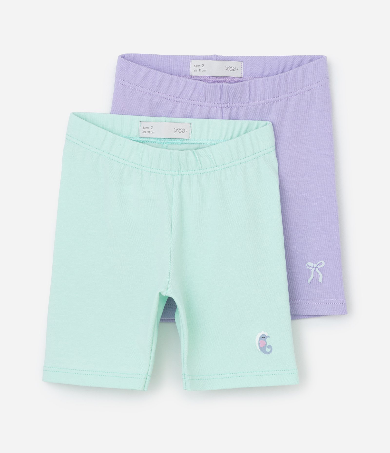 Kit Bermudas Infantil Ciclista Em Algodão Com Bordado - Tam 1 a 6 Anos Verde/Lilás 1