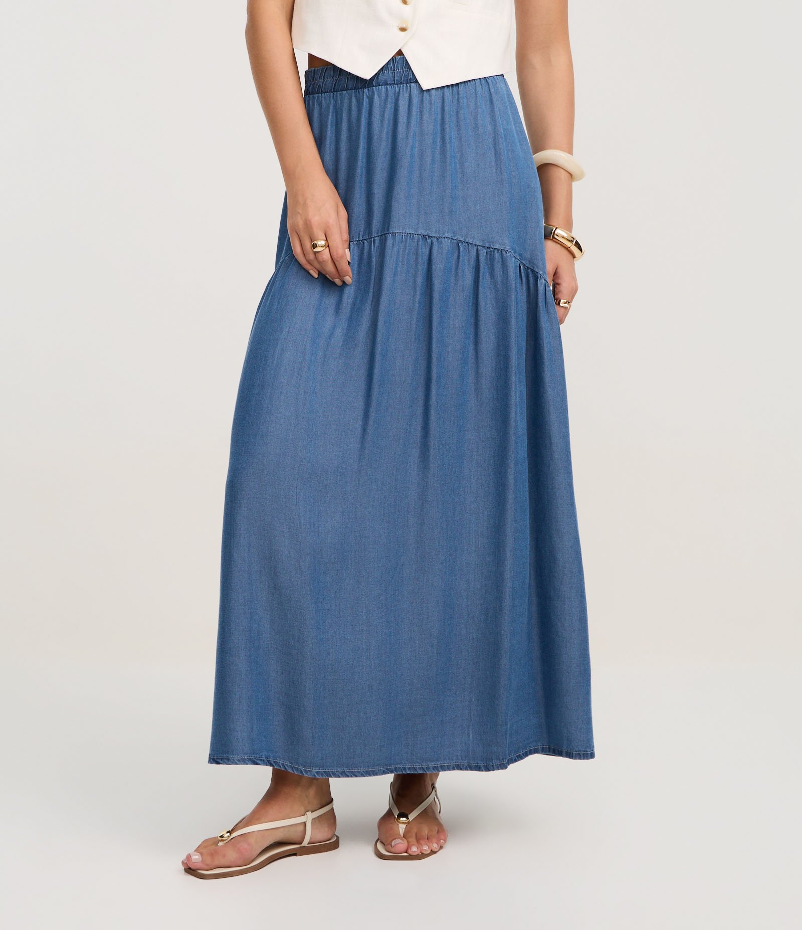 Saia Evasê New Midi em Liocel com Recorte Franzido Médio 3