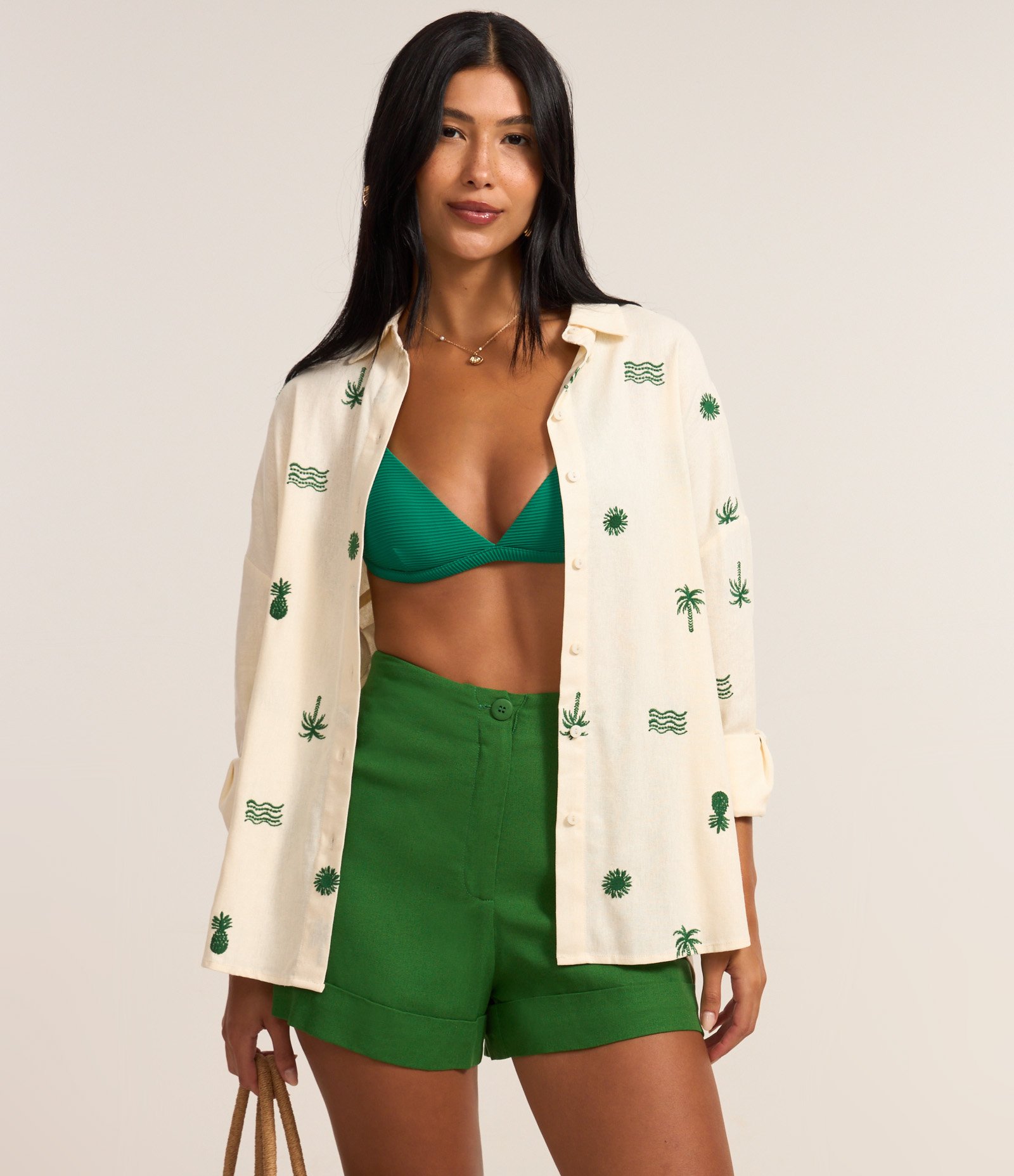 Camisa em VIscolinho com Bordado Tropical Off White 3