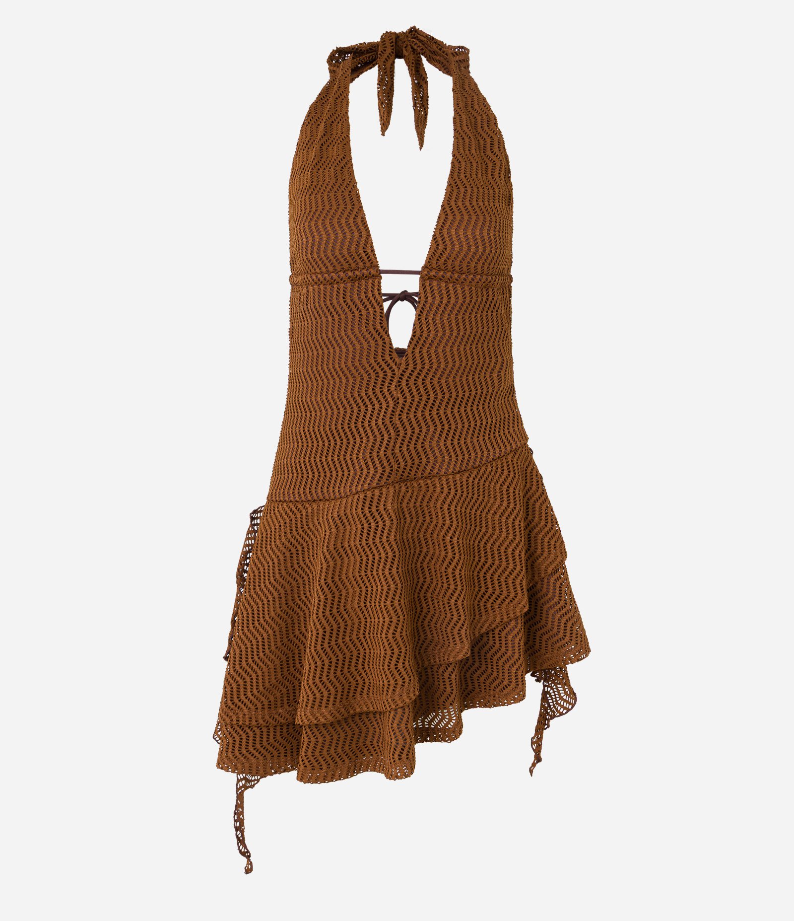 Vestido Frente Única com Textura Furadinha e Babados Marrom 6